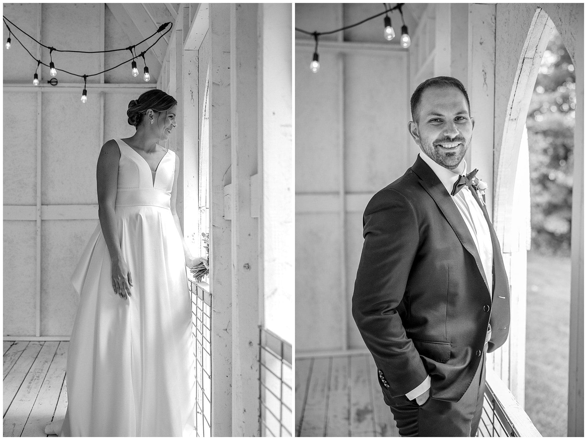 Black and white photos of bride and groom at chicken chapel at the Farm in  Candler, NC 