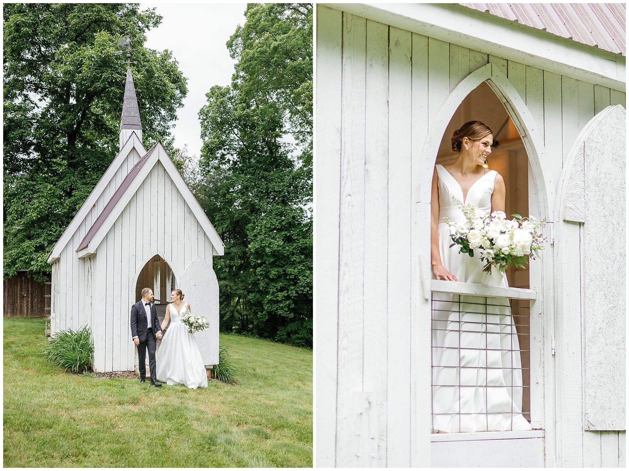 Bride and groom outside white chicken chapel at the Farm outside Asheville NC photos by Kathy Beaver Photography