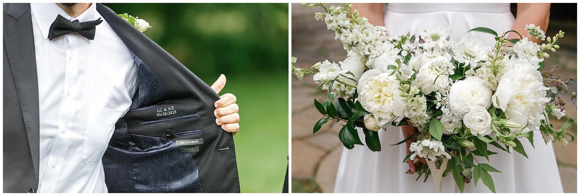 Detail photos of groom's jacket with bride and groom's initials and wedding date 