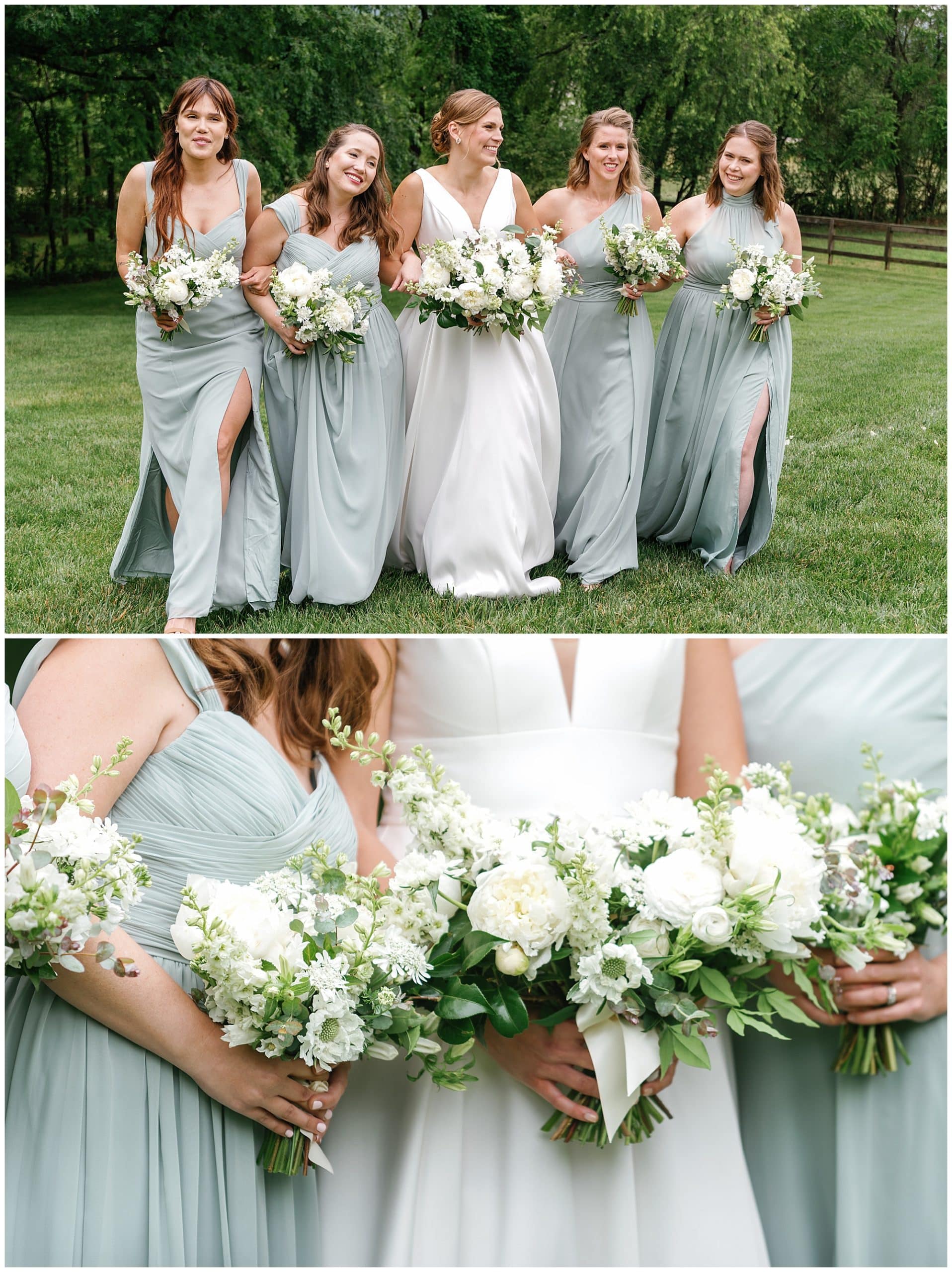 Bride and bridemaids lock arm and walk together while holding bouquets of white and green