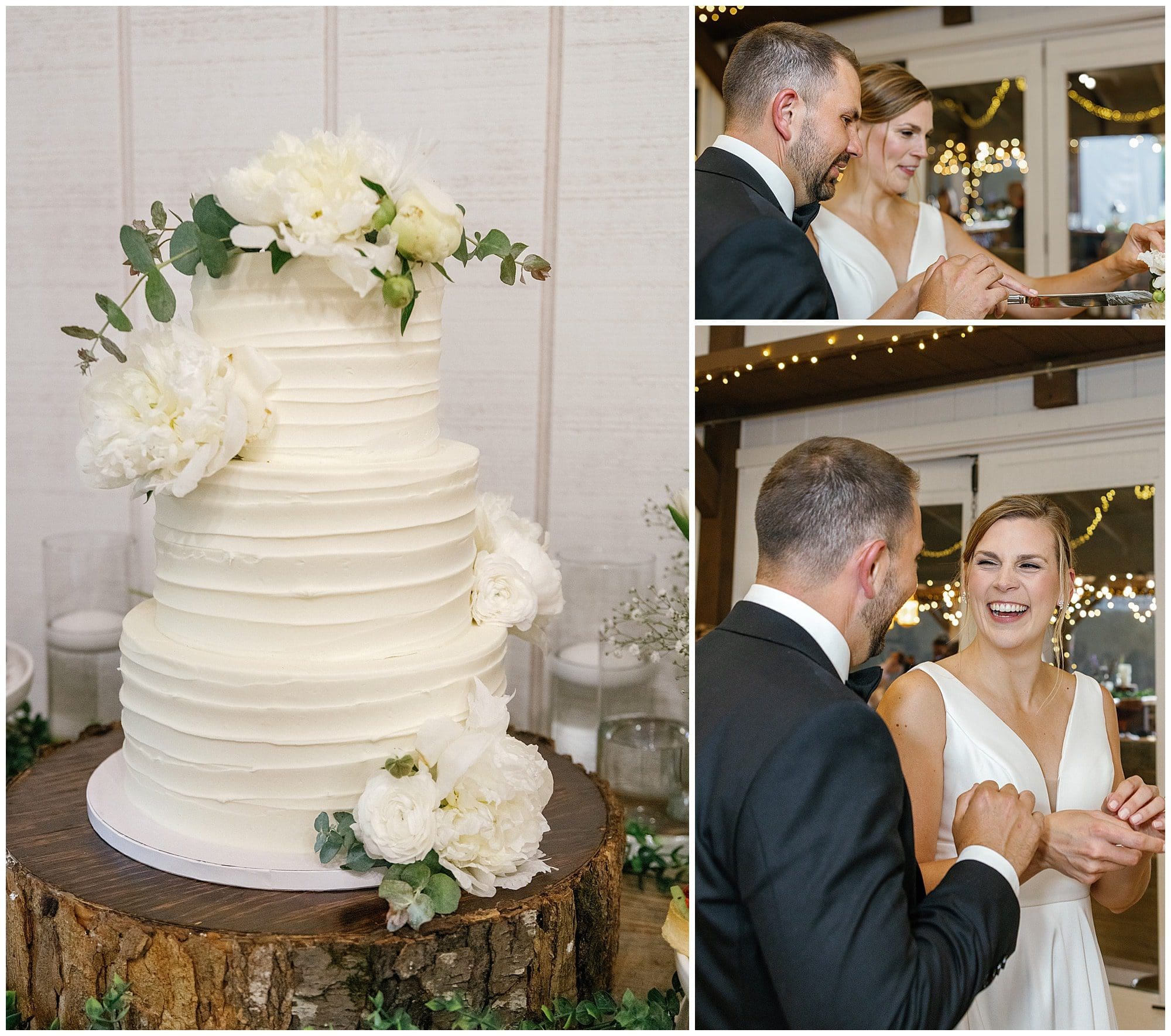 cake cutting by bride and groom cake with white textured icing decorated with white flowers greenery