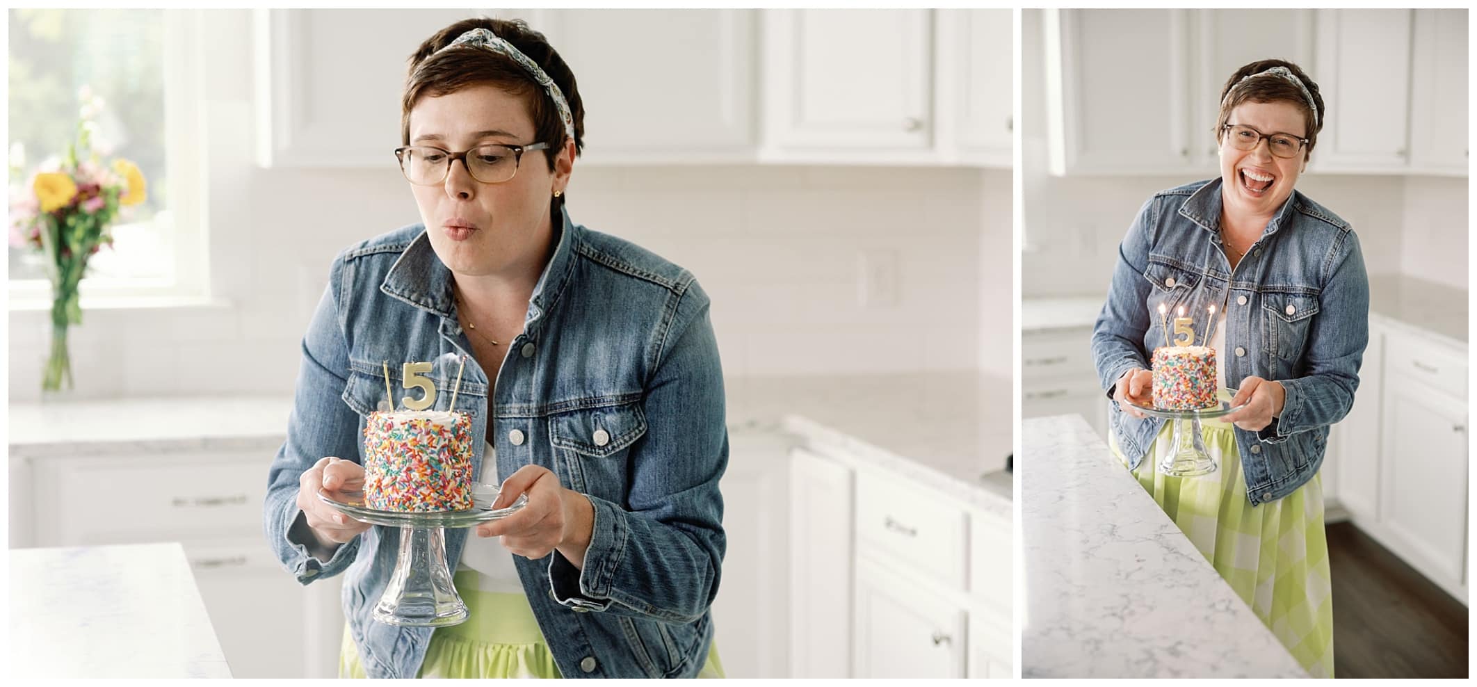 Two pictures of a woman holding a cake to celebrate her 5th year in business. 