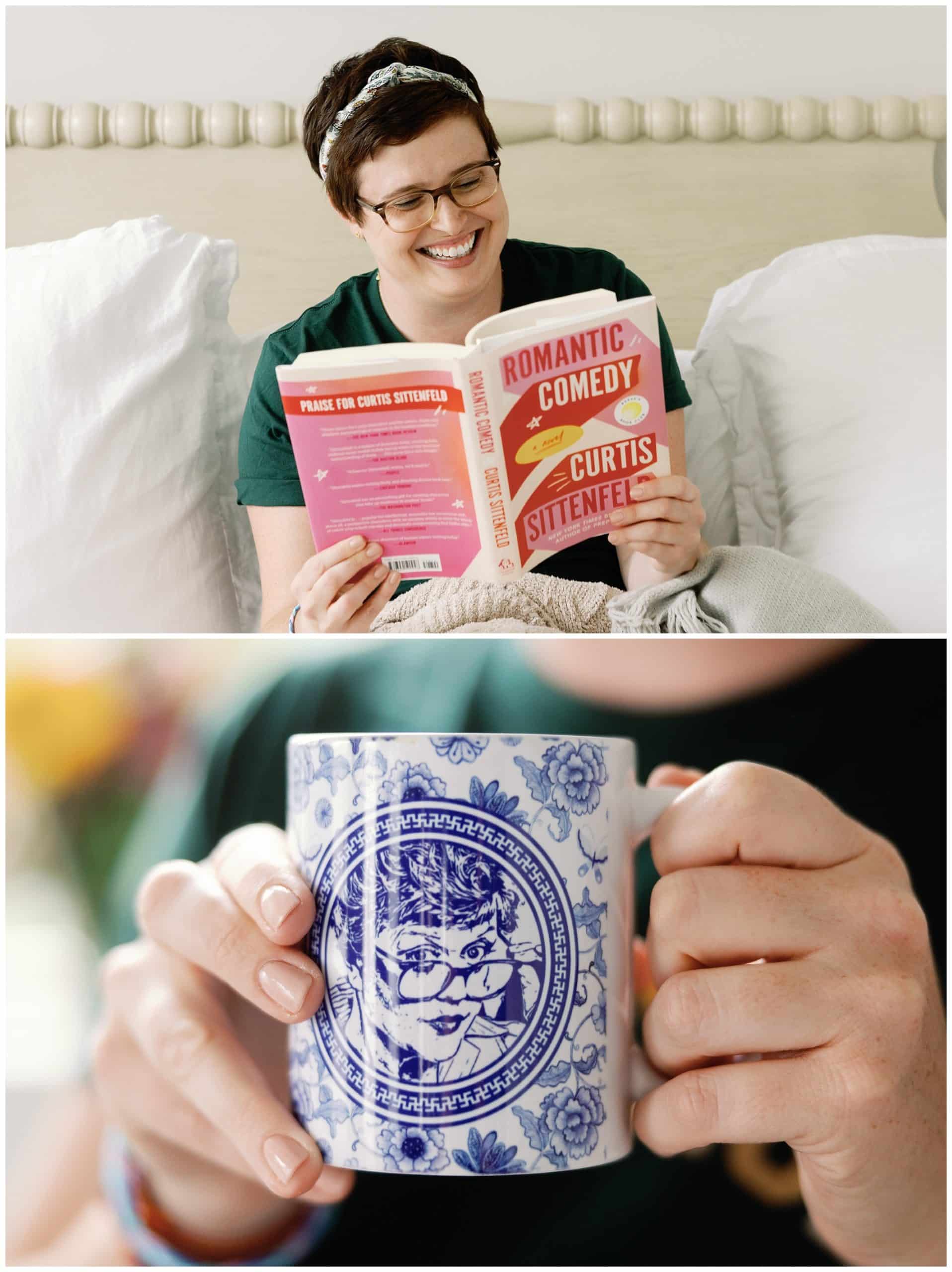 Two pictures of a woman reading a book and holding a coffee mug.