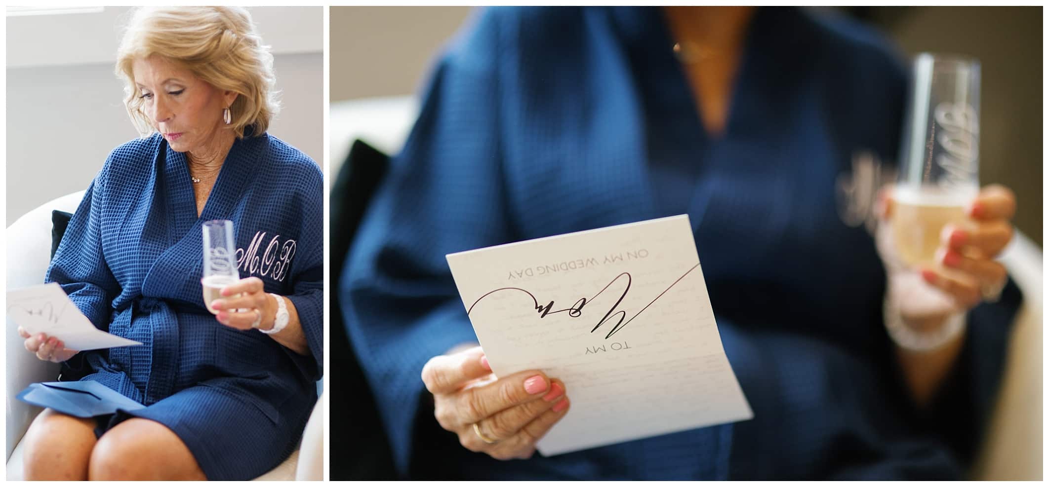 Mom  in a blue robe is holding a letter from her daughter the bride.