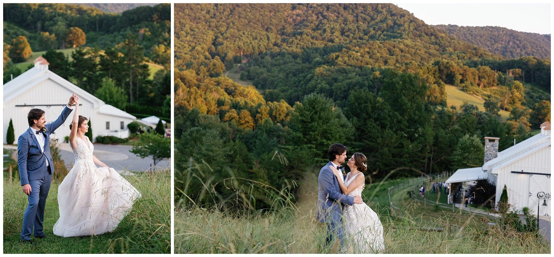A bride and groom standing in a field with mountains in the background atsummer dream wedding at Chestnut Ridge.