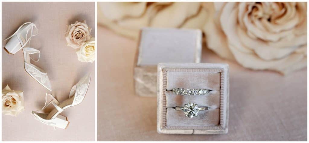 A wedding ring and wedding shoes in a box.