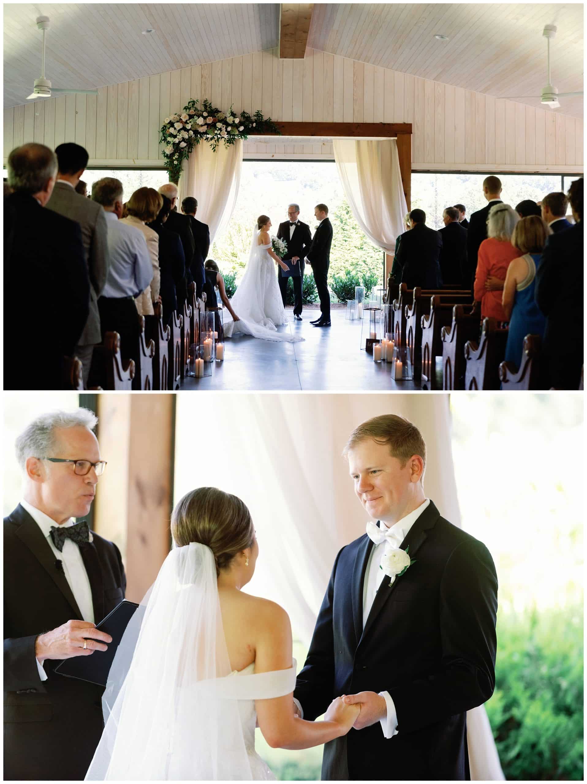 A bride and groom exchange vows during their wedding ceremony.