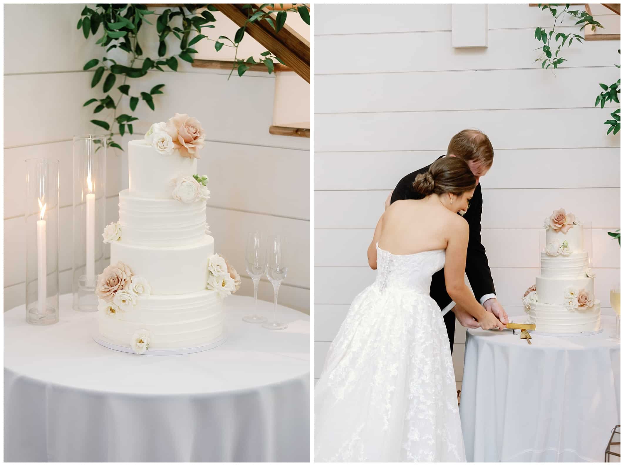 A bride and groom cutting a wedding cake.
