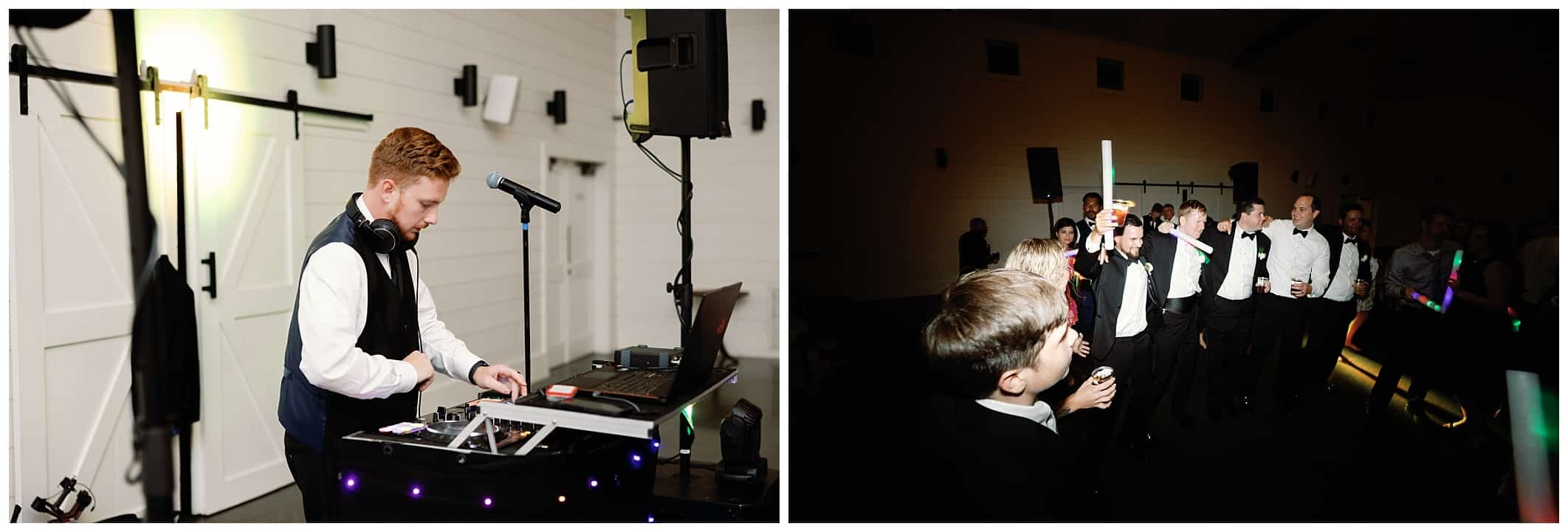 Two pictures of a wedding reception with a dj playing music.