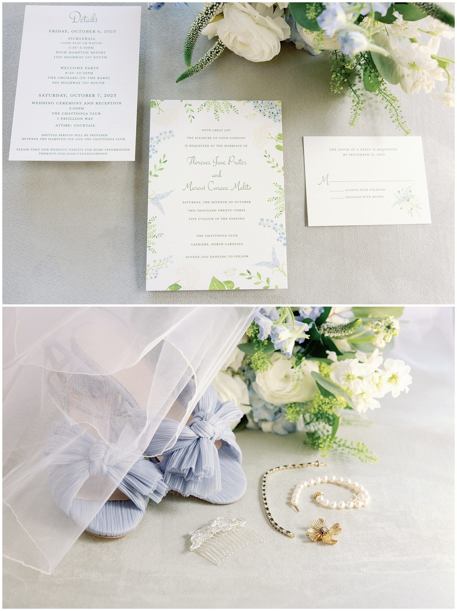 A wedding invitation with blue shoes, flowers and a veil.