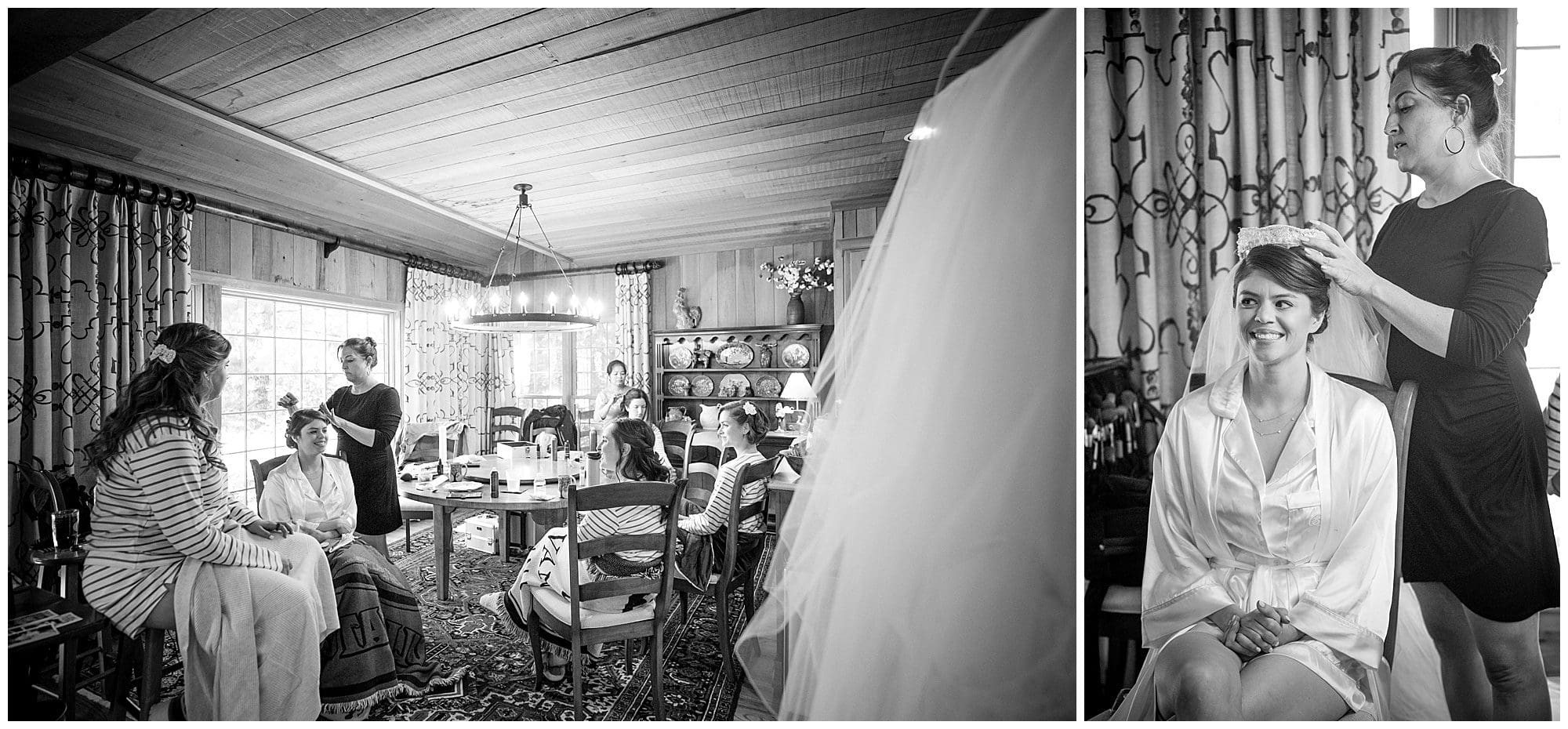 Black and white photos of a bride getting ready in a room.