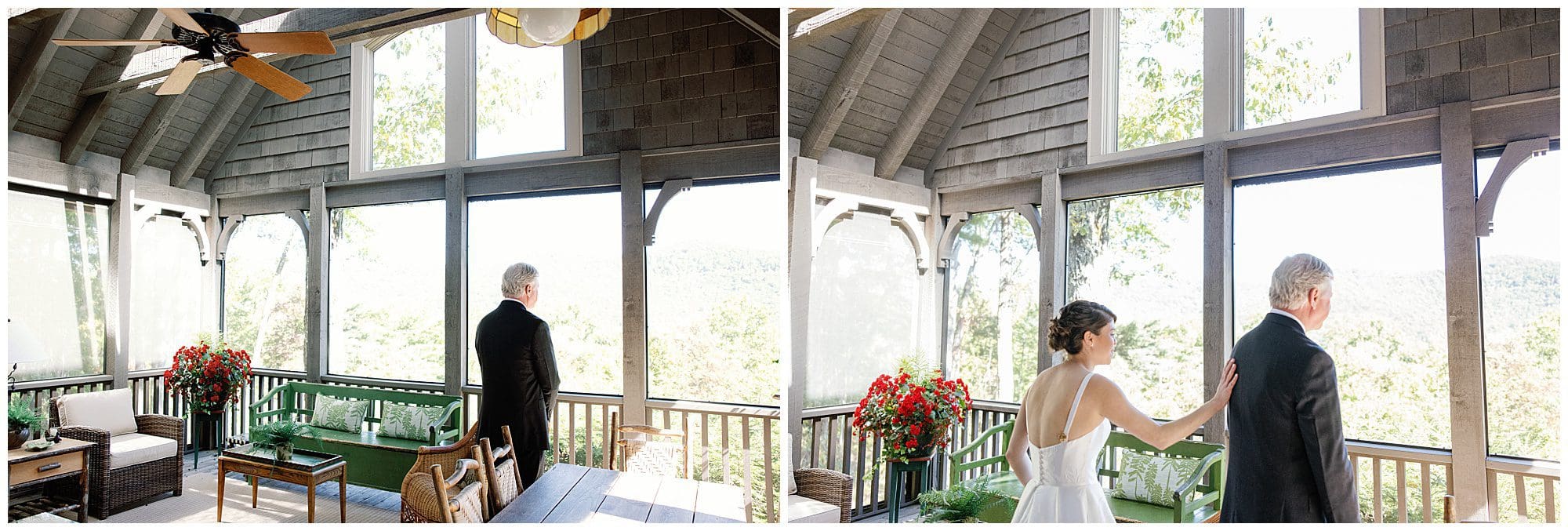 A bride and her father share a first look standing on a screened porch.