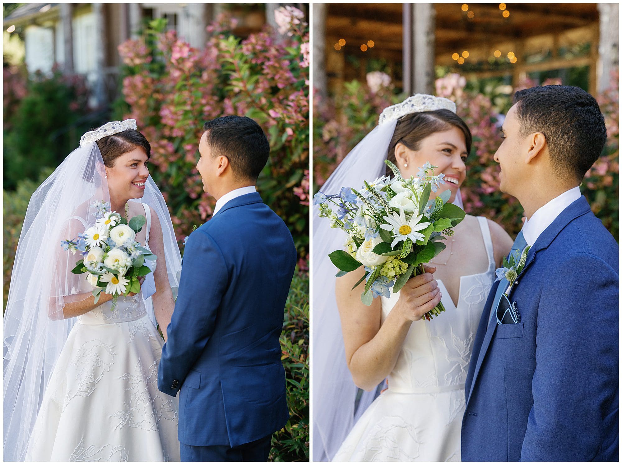 A bride and groom smiling at each other in front of a flower garden.