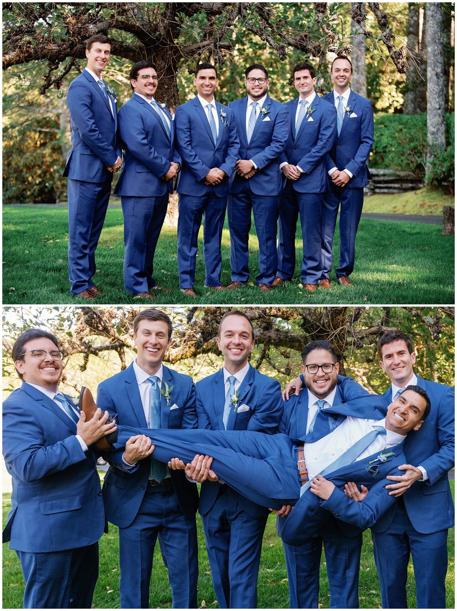 A group of groomsmen in blue suits posing for a photo.