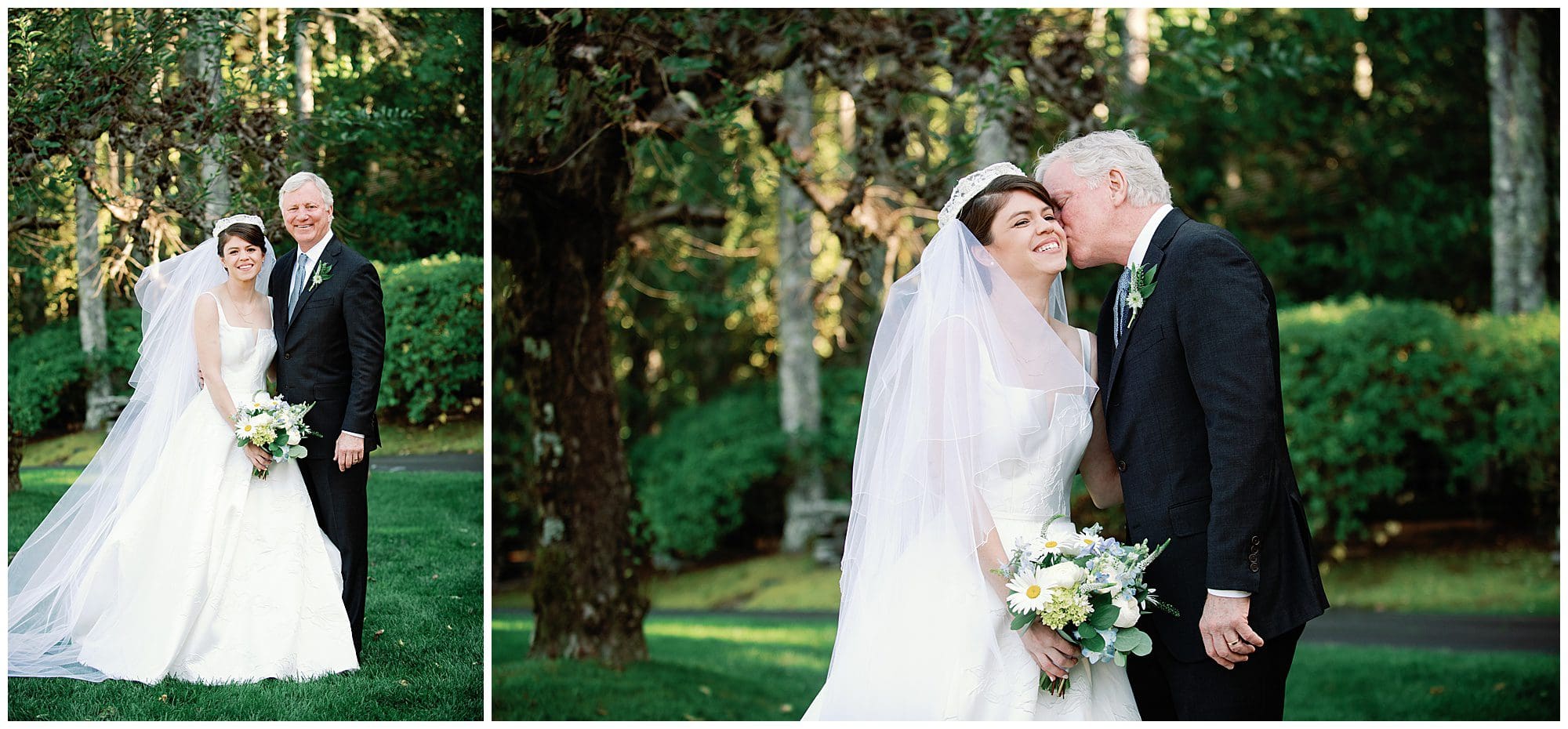 A bride and her father kiss in front of a tree.