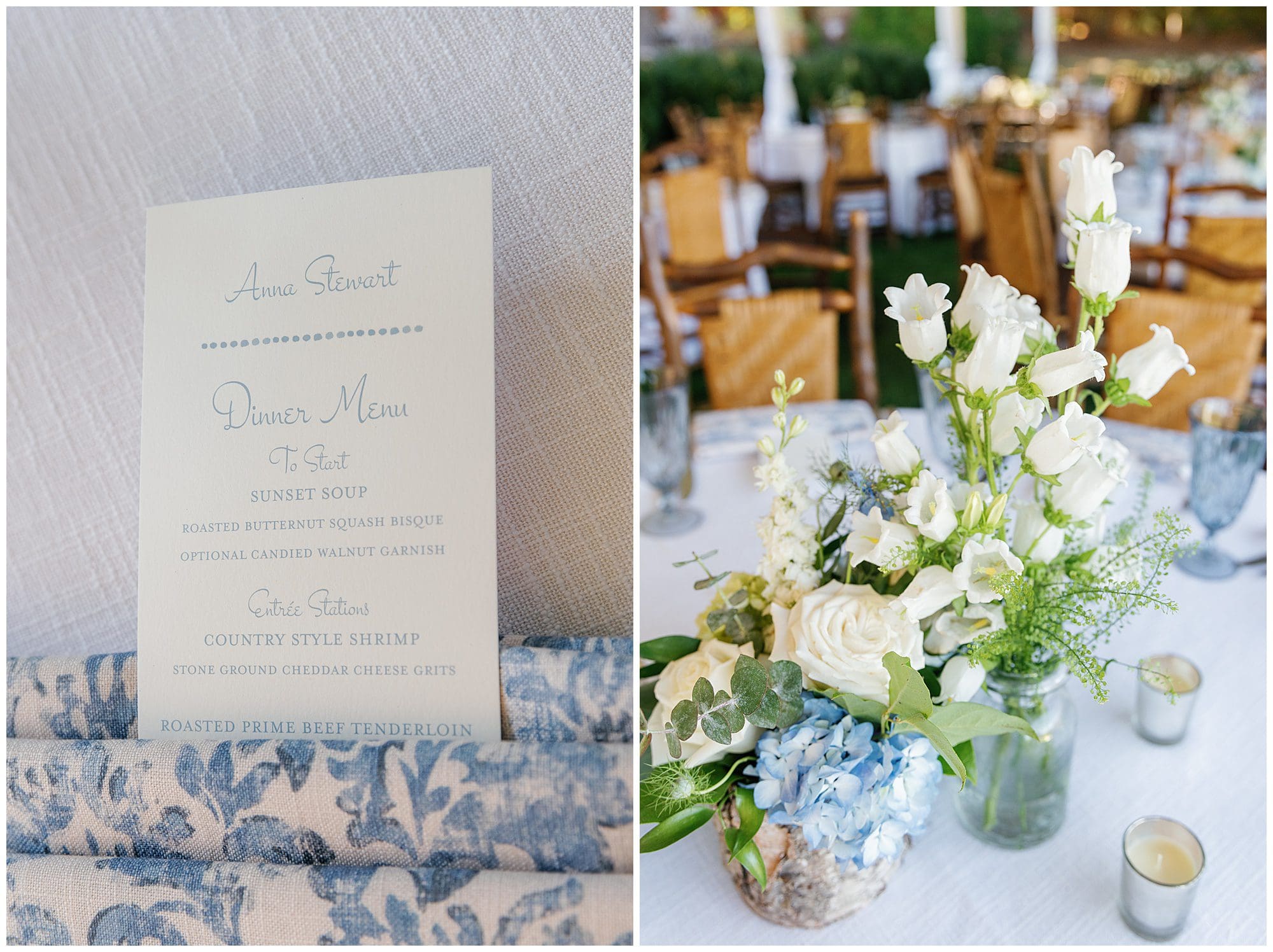 A table setting with blue and white flowers.