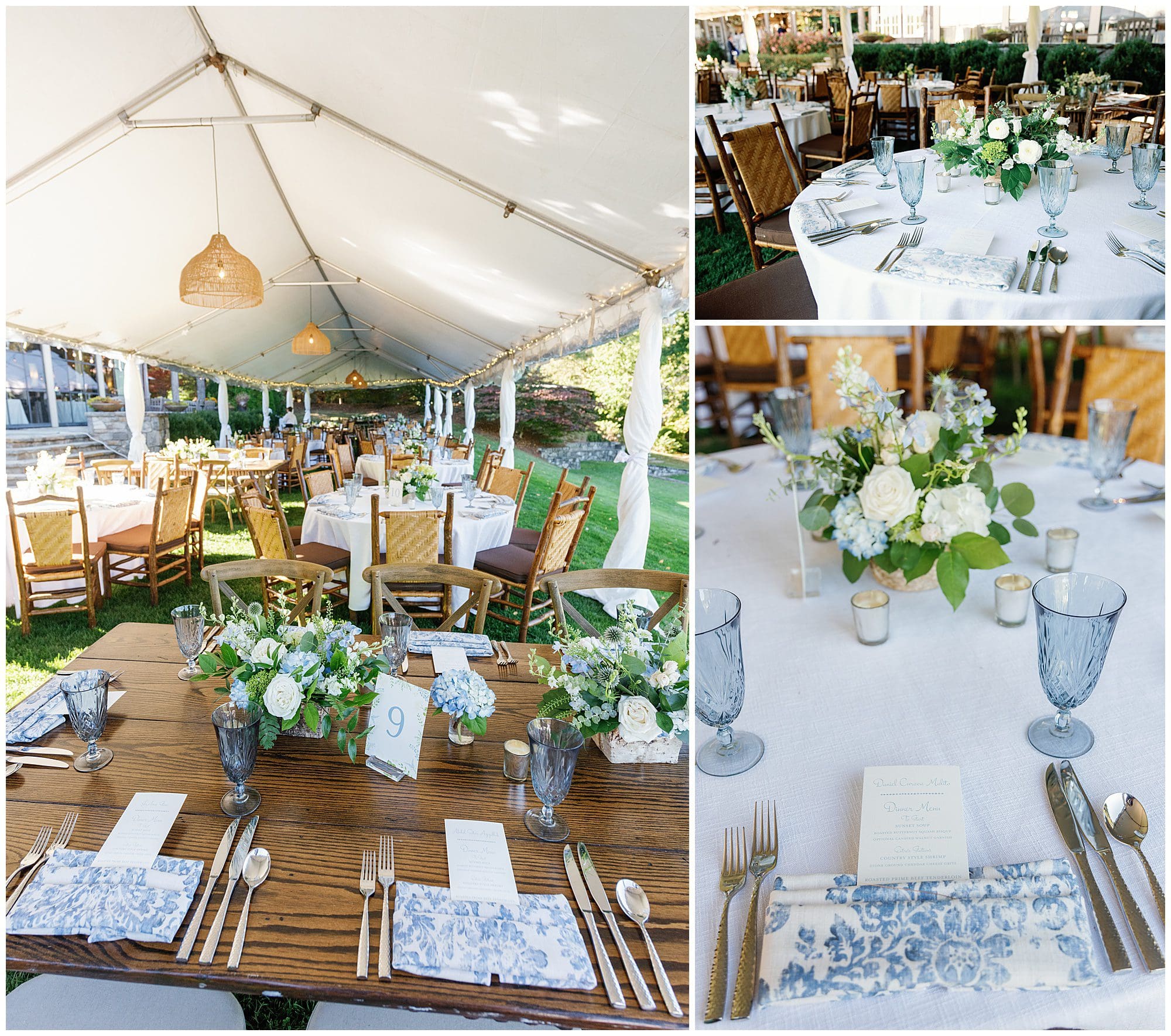A blue and white wedding reception set up in a tent.