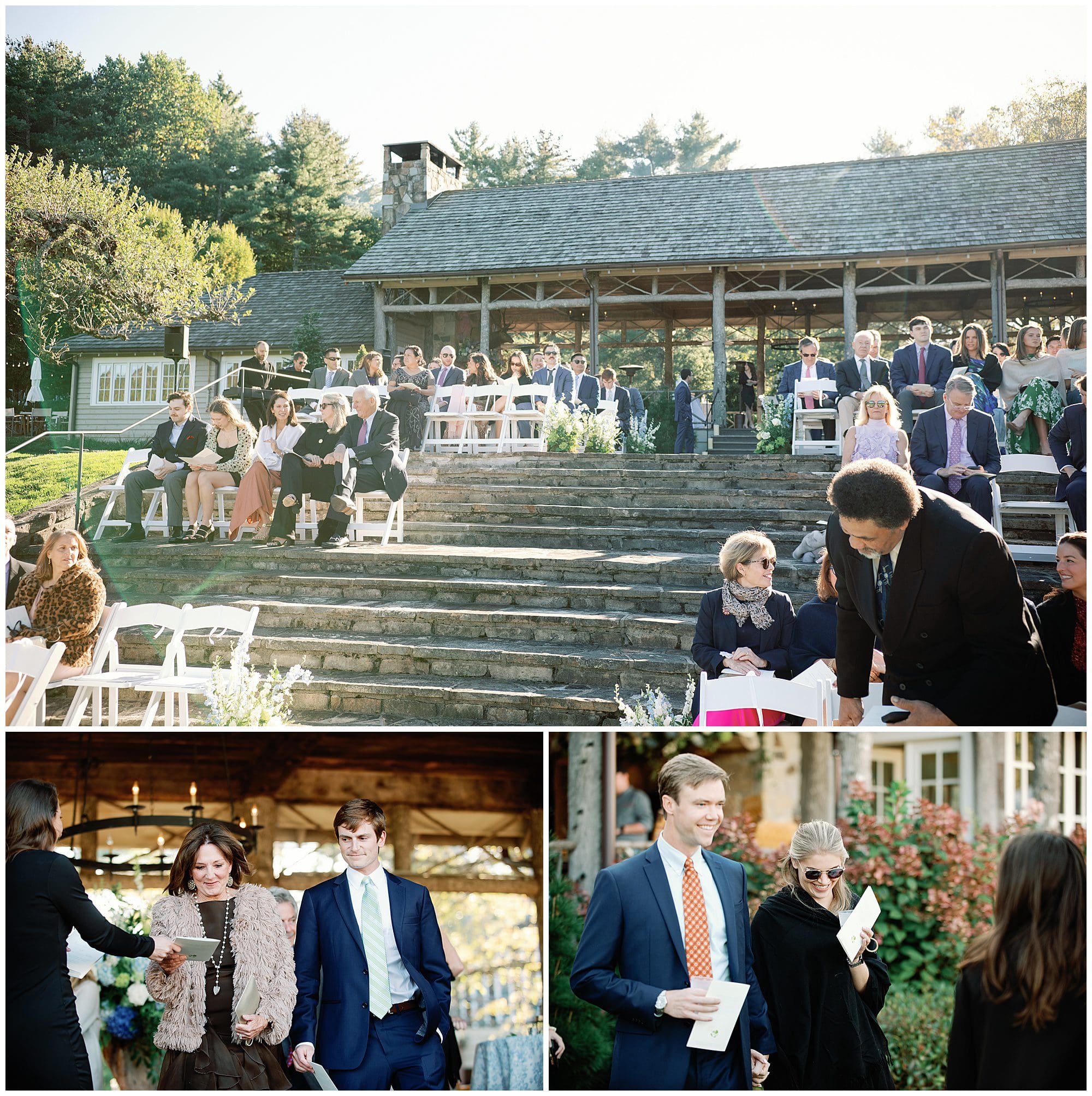 A wedding ceremony at an outdoor venue.