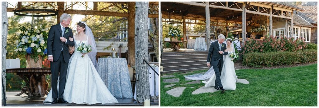 Two pictures of a bride and groom in front of a barn.