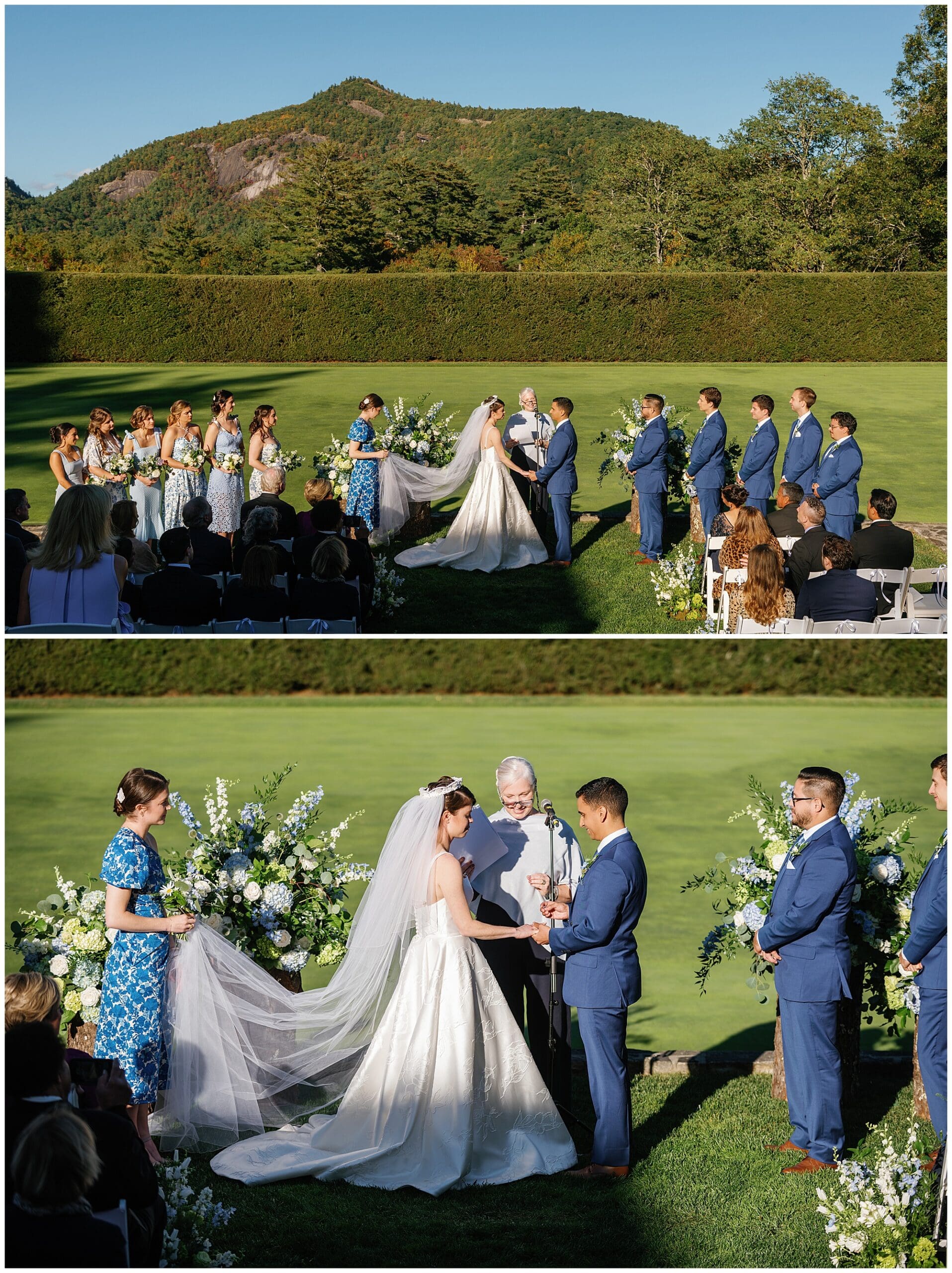 A wedding ceremony in a field with a mountain in the background.