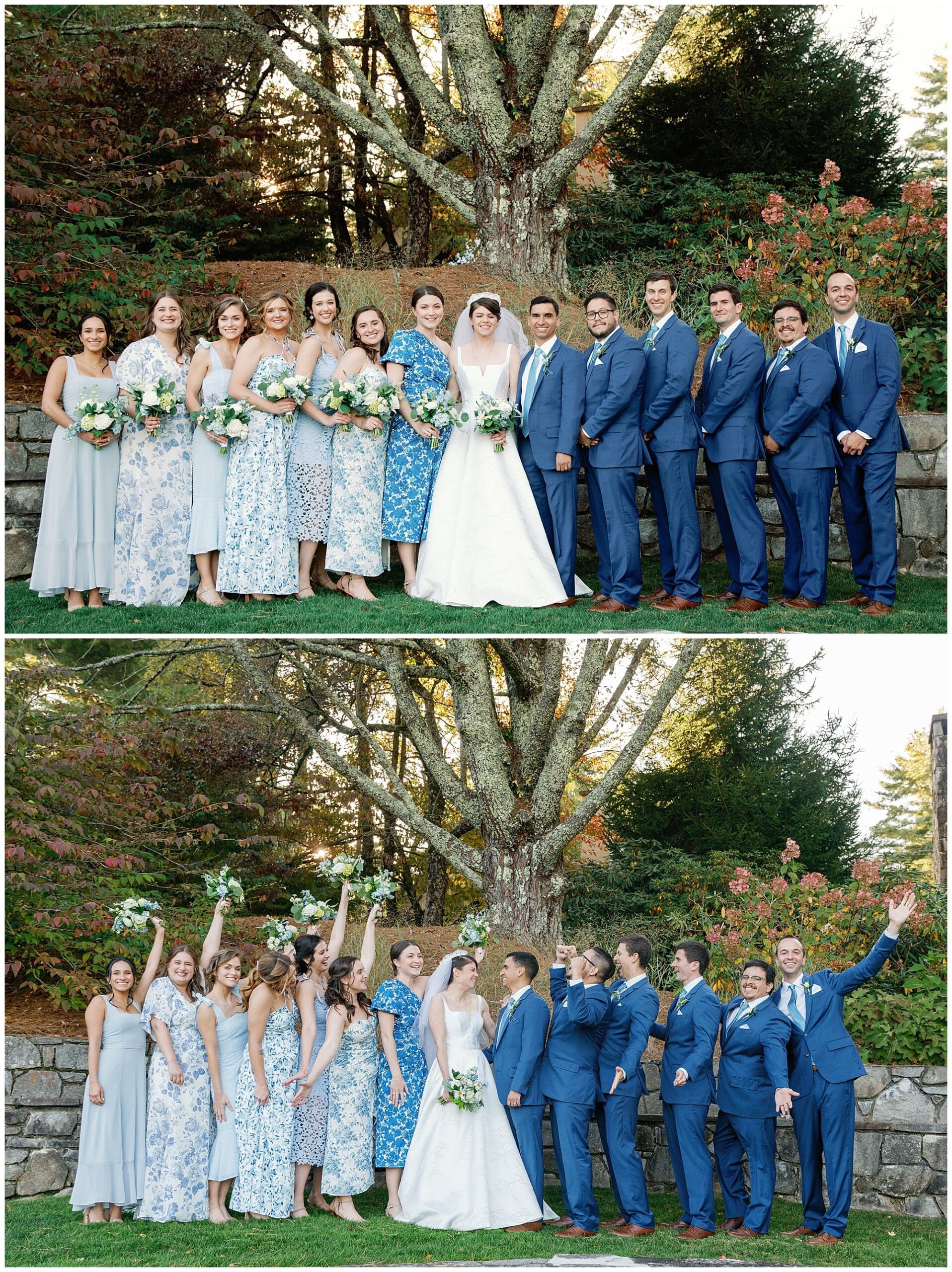 A group of bridesmaids and groomsmen pose in front of a tree.