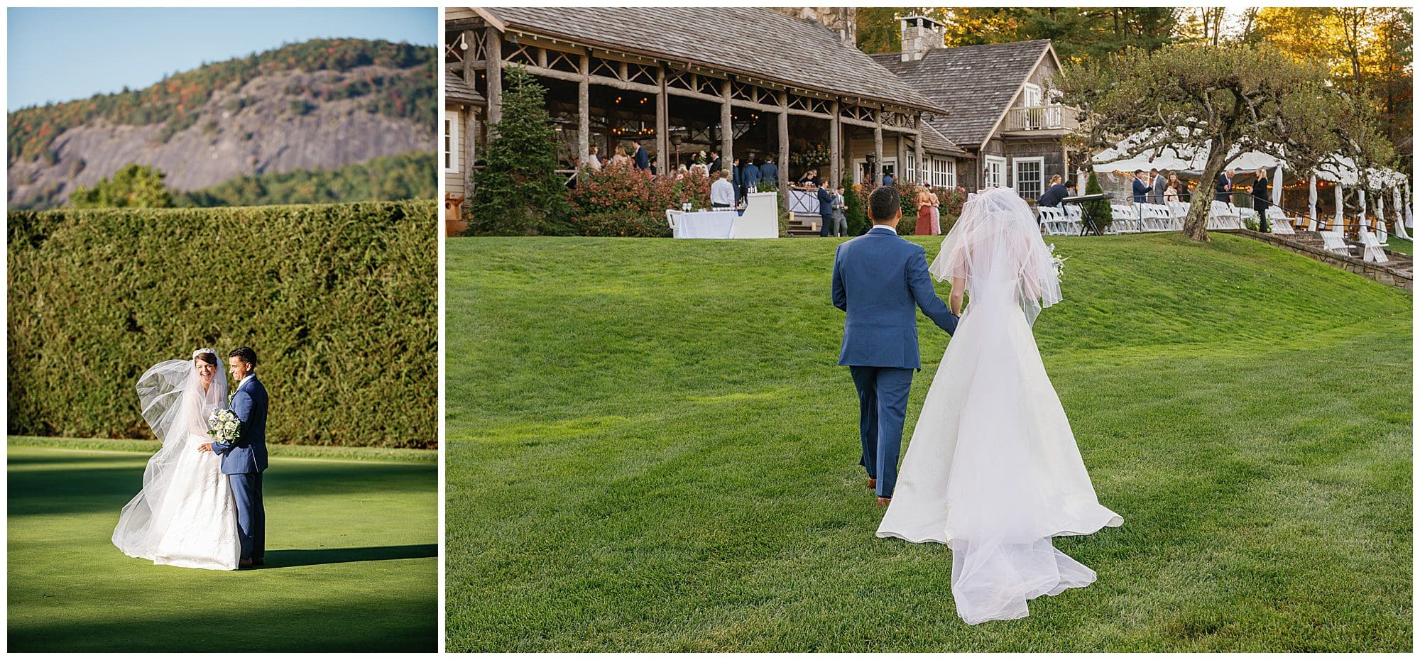 Two pictures of a bride and groom walking on the golf course.