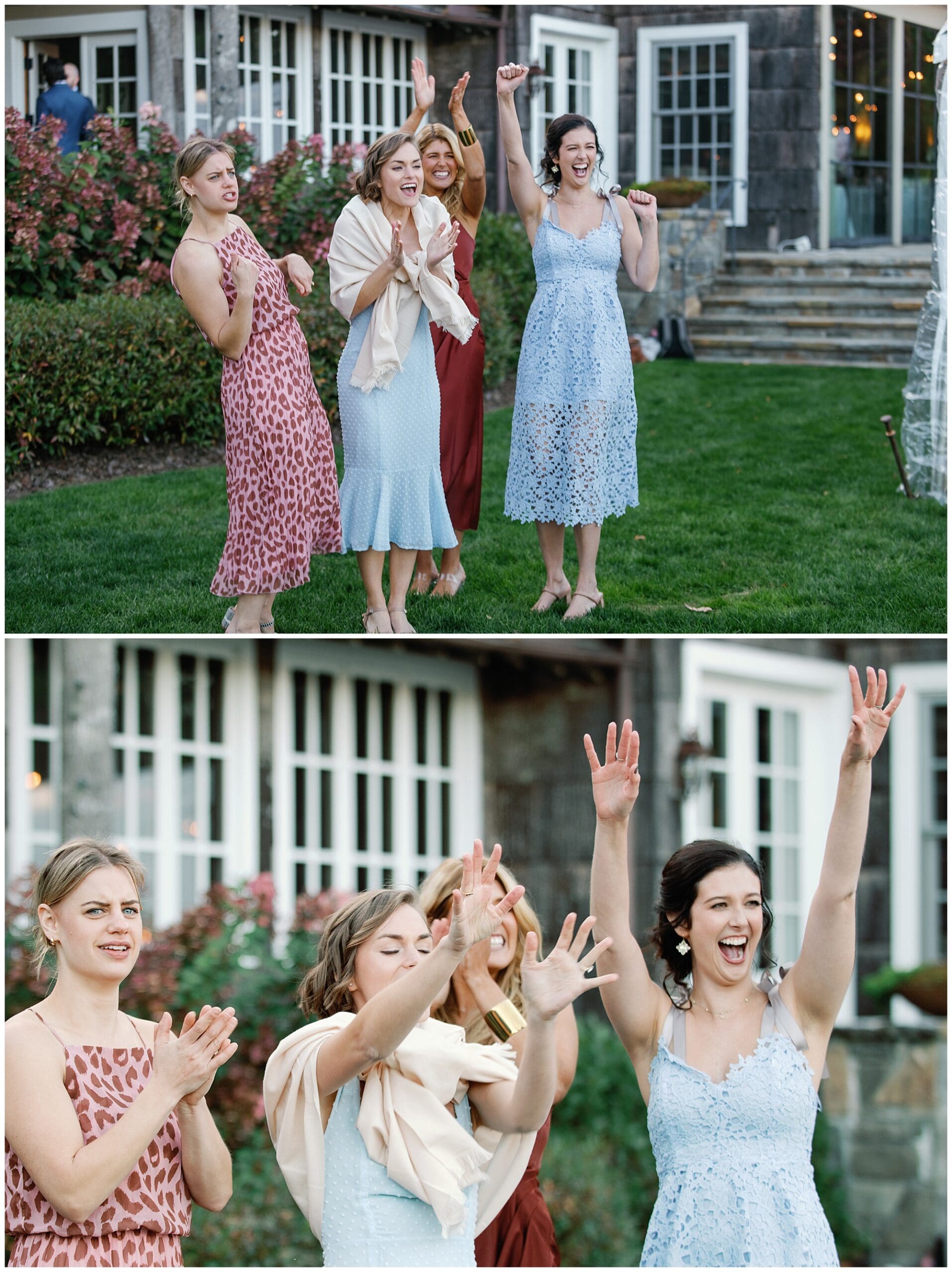 A group of bridesmaids clapping in front of a house at a Cashiers Fall Wedding.