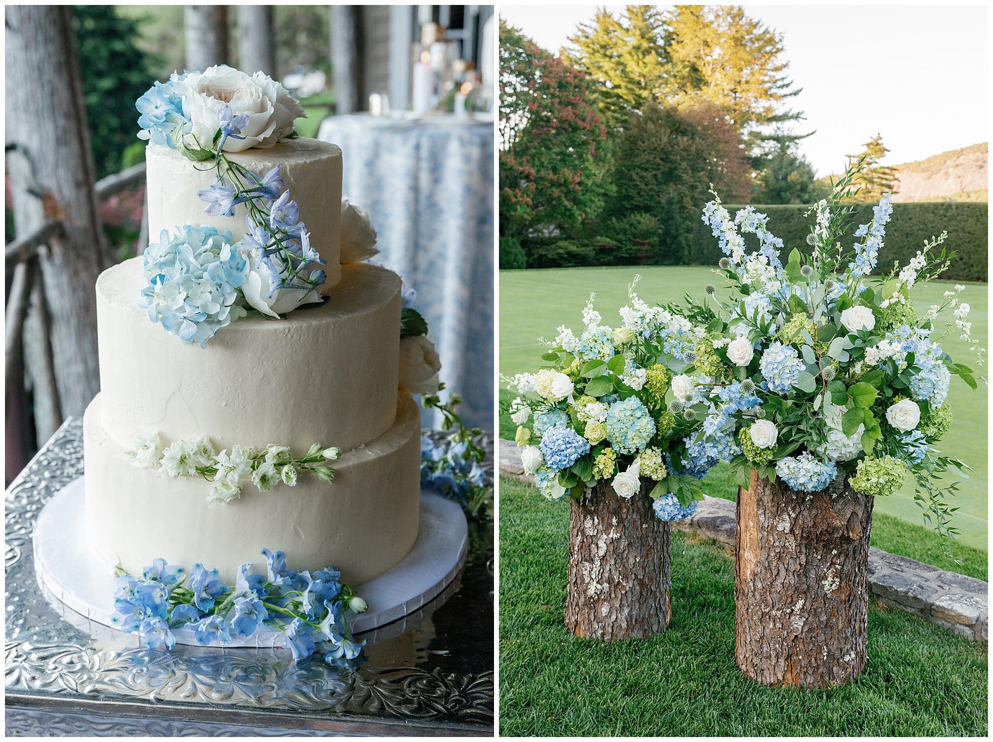 A wedding cake decorated with blue flowers and hydrangeas.