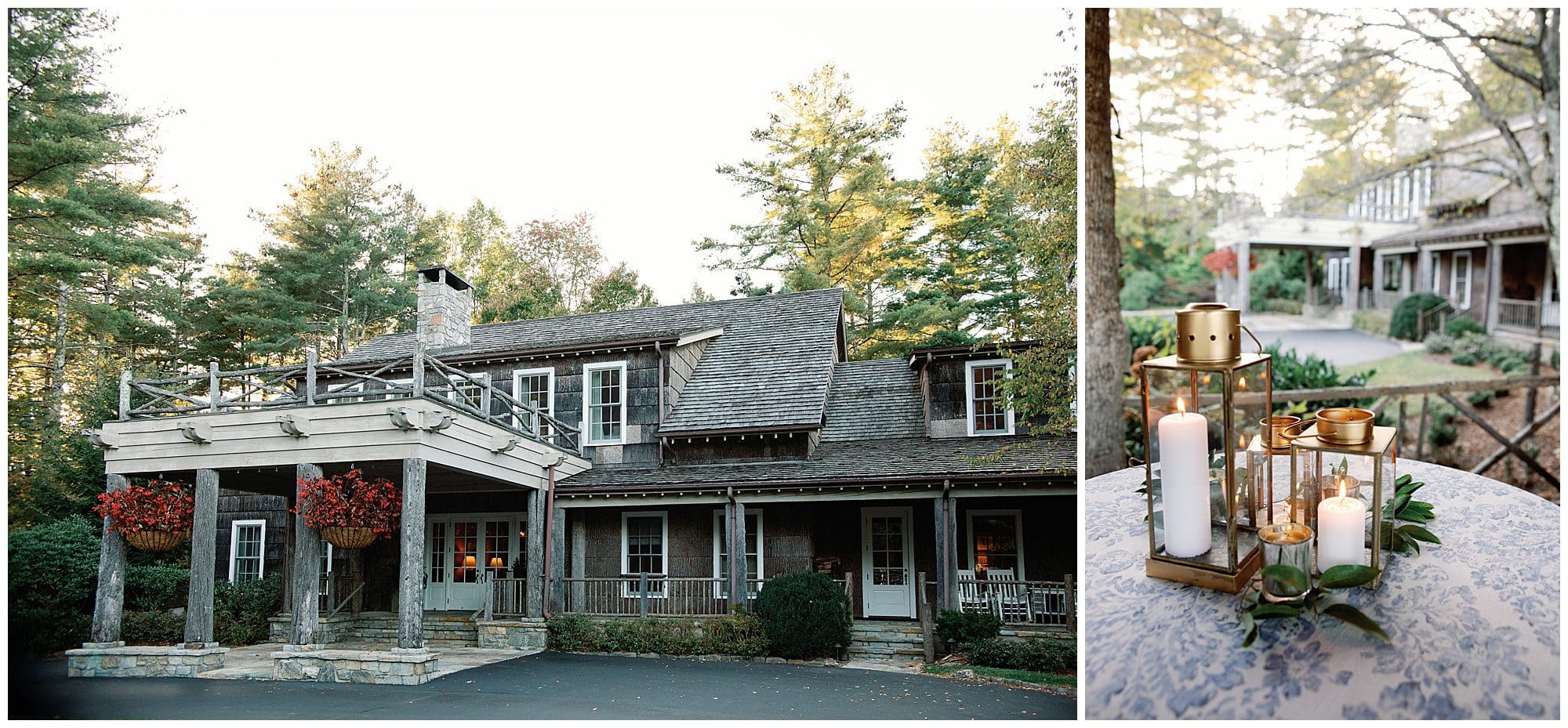 Two pictures of a wedding reception at a house in the woods.