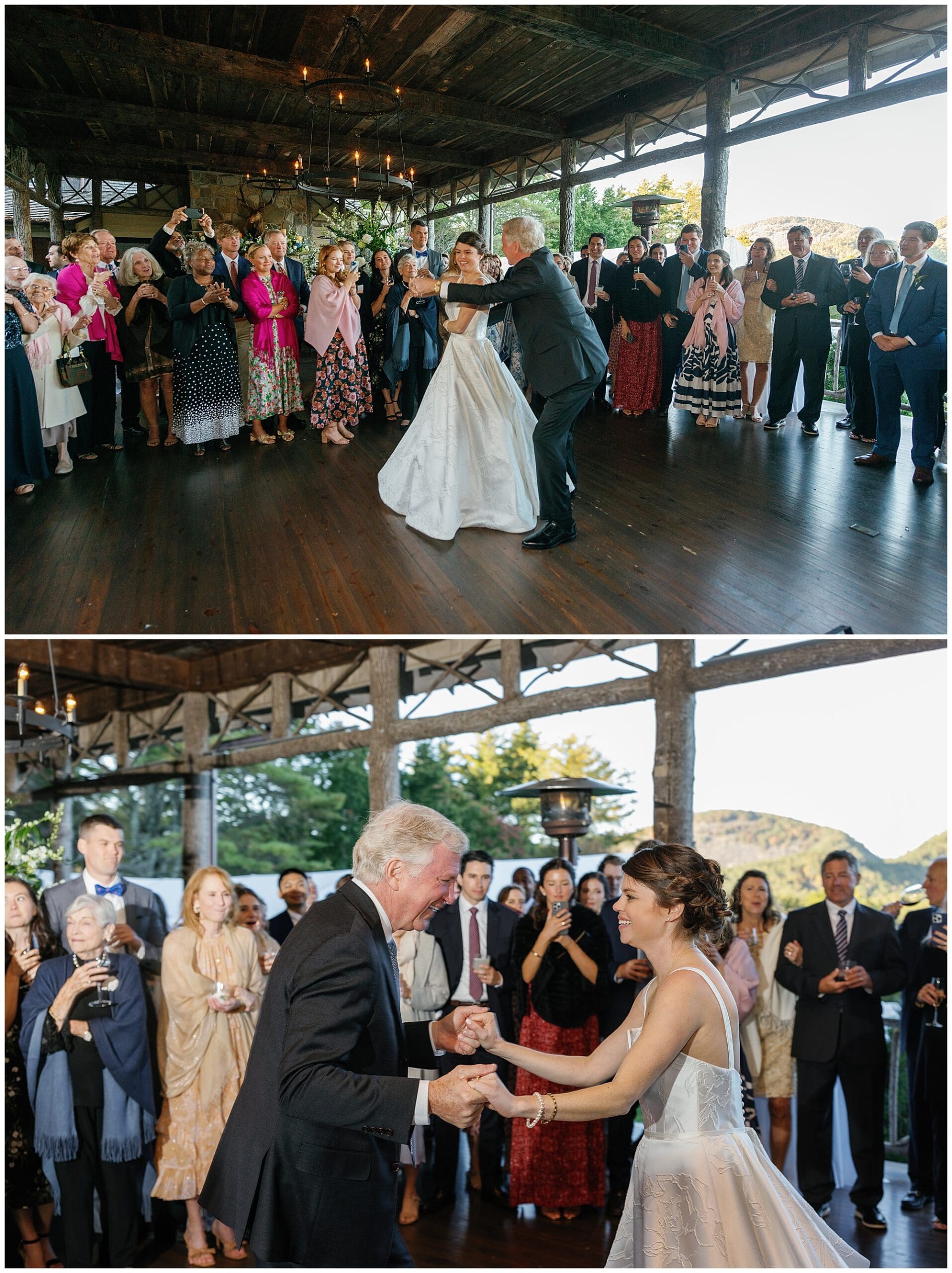 A bride and groom share their first dance at a barn wedding.