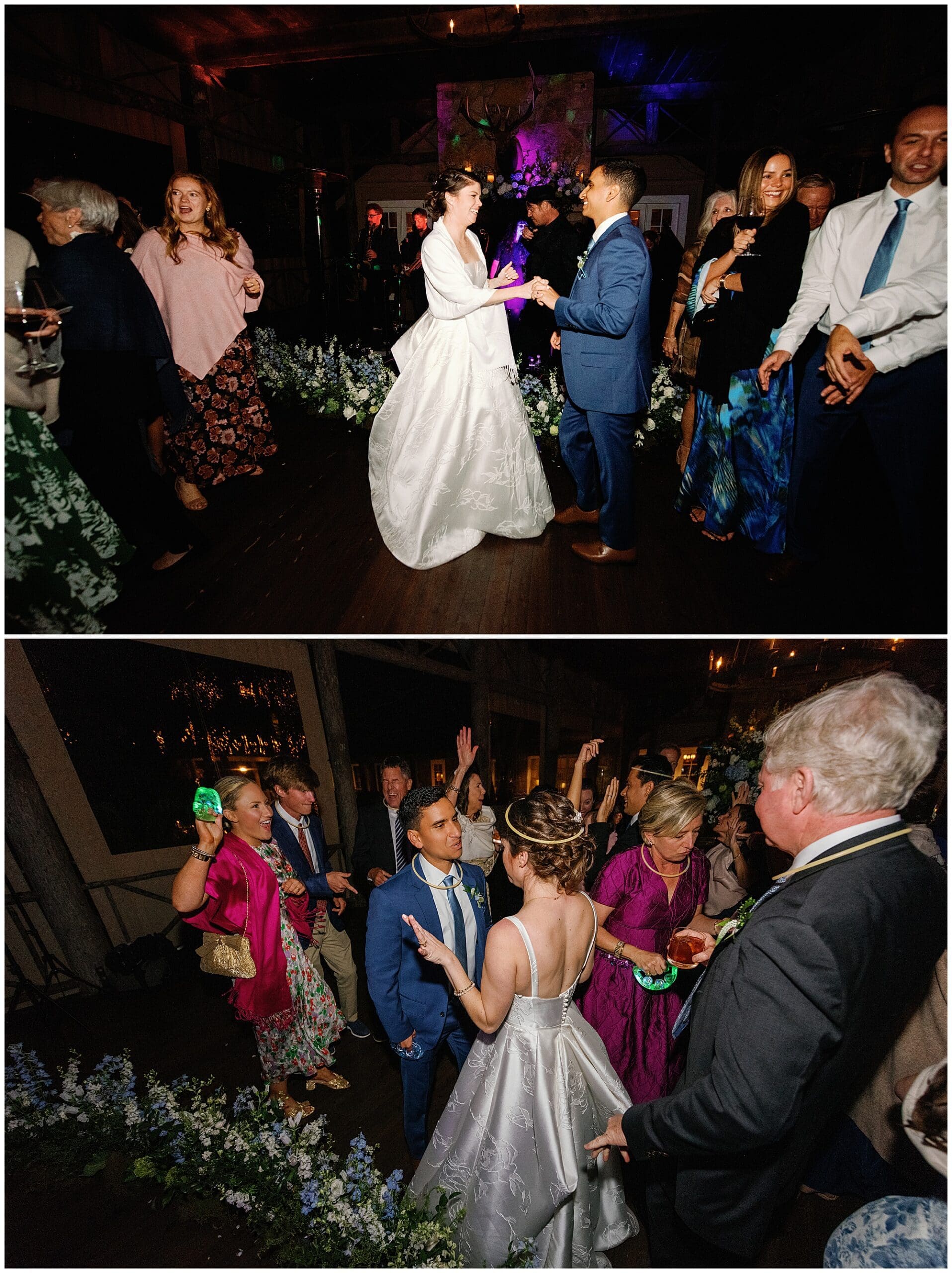 A bride and groom dance at a wedding reception.