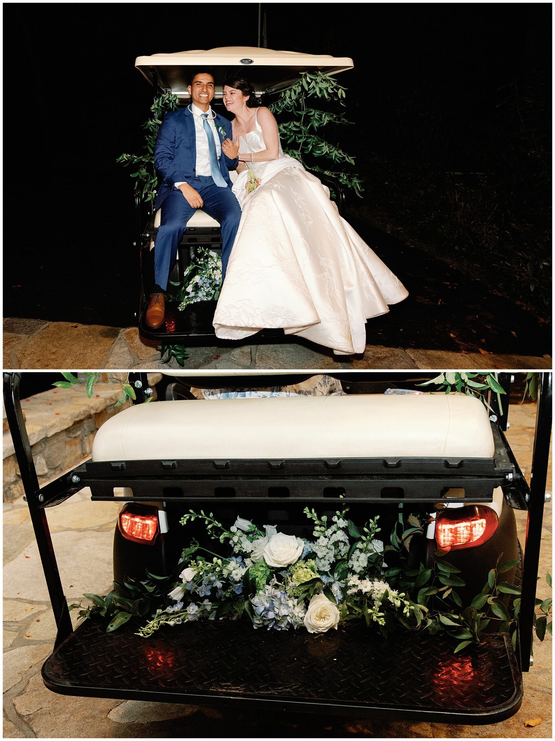 A bride and groom sitting in a golf cart at night.