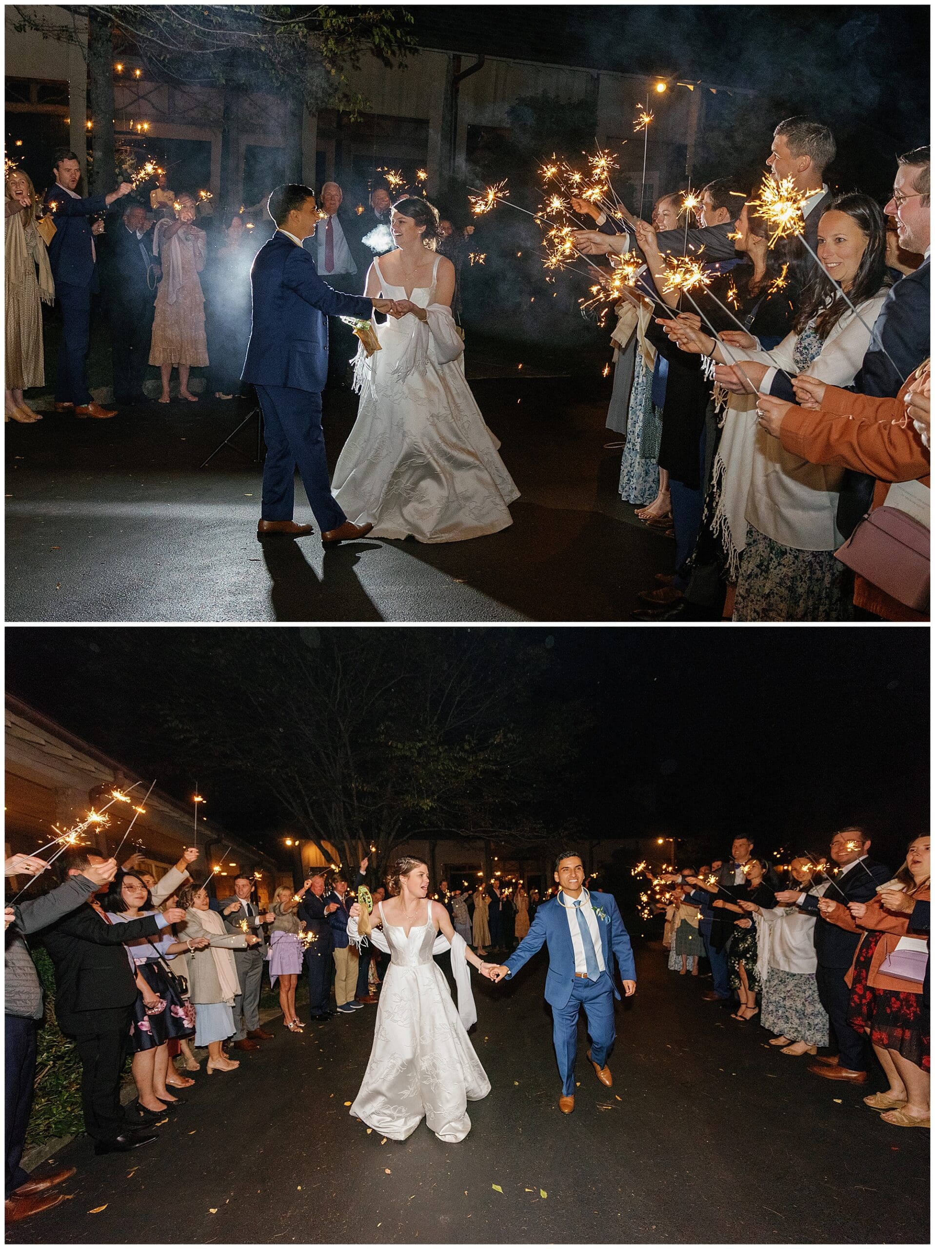 A bride and groom walking down the street with sparklers.