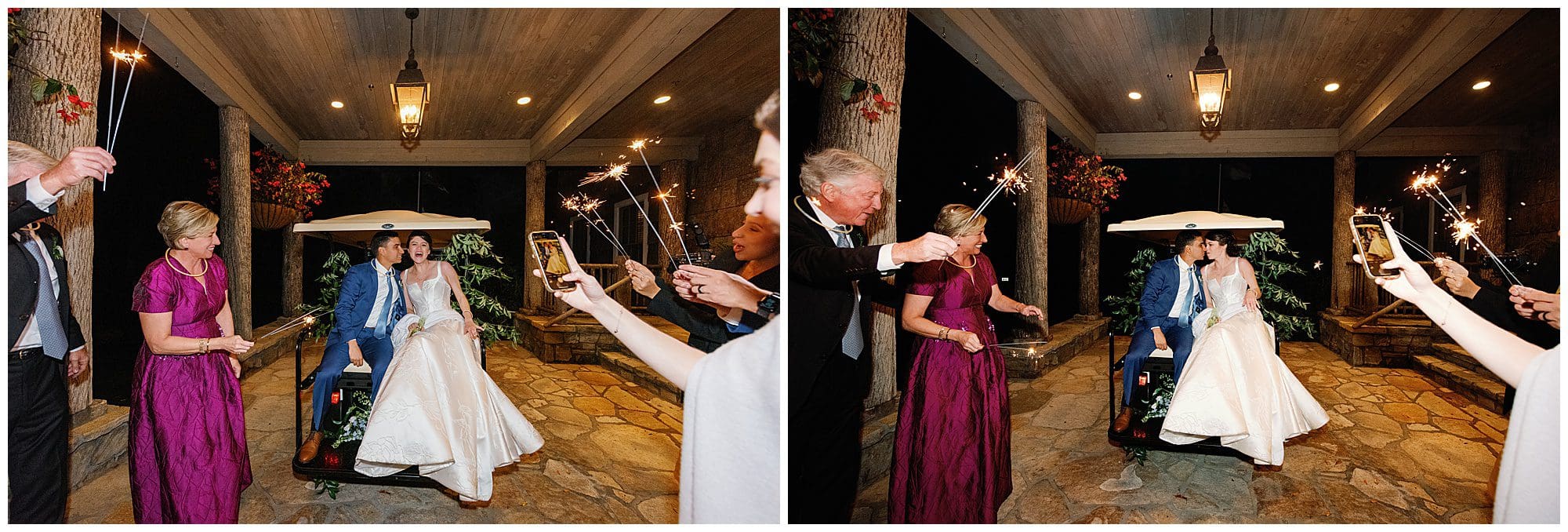 A bride and groom are holding sparklers as they walk down the aisle.