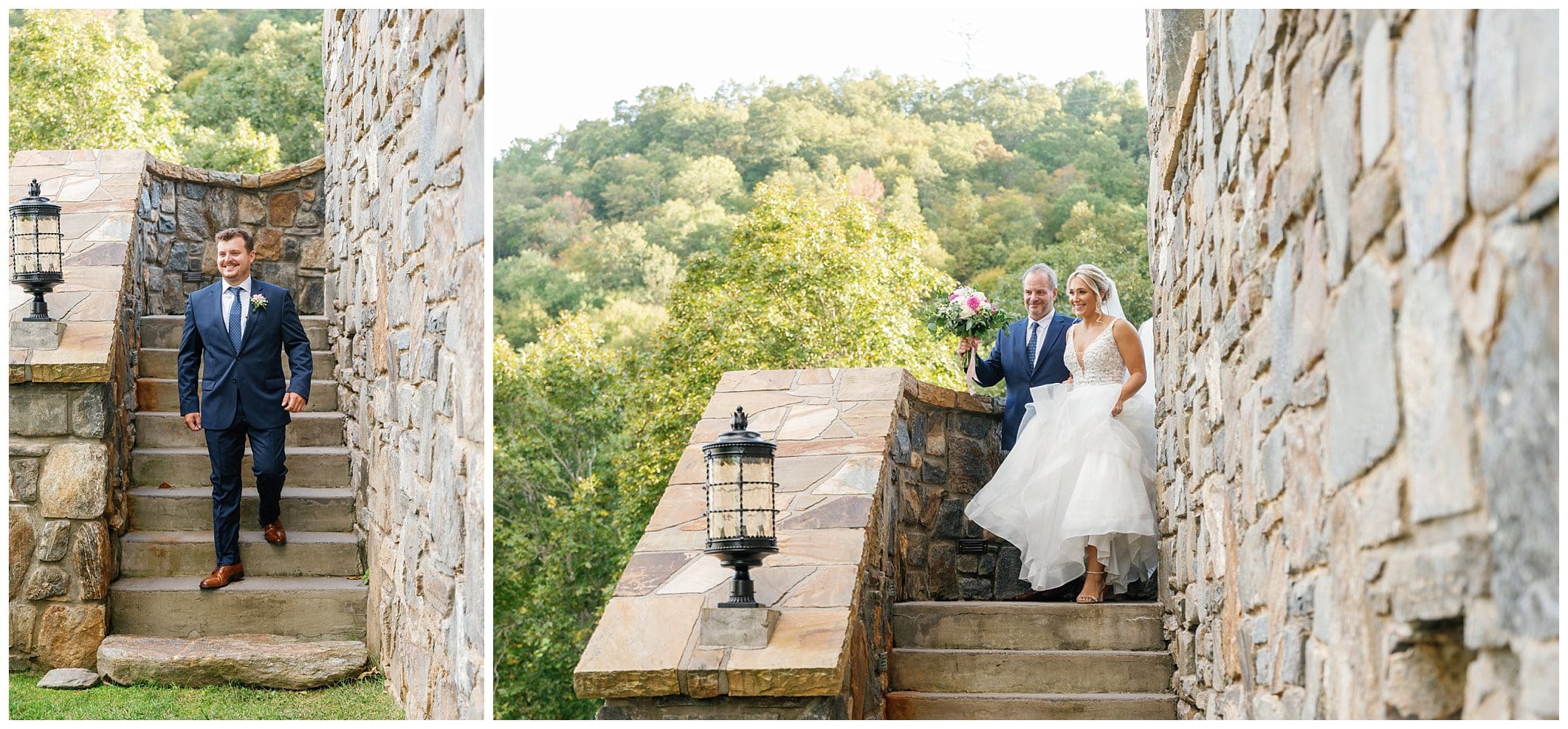 A bride and groom standing on the steps of a stone building.