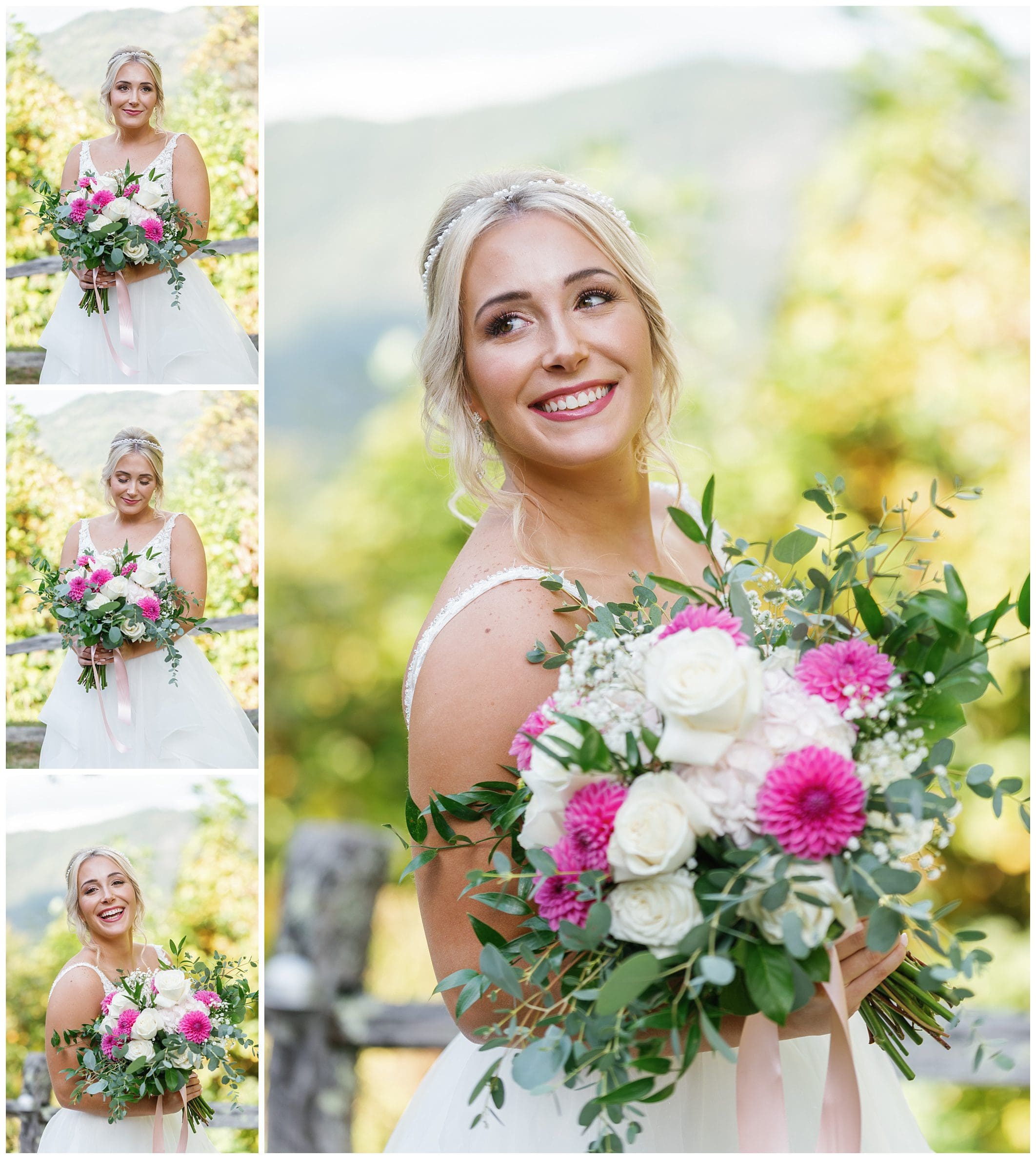A bride holding a bouquet of pink and white flowers.