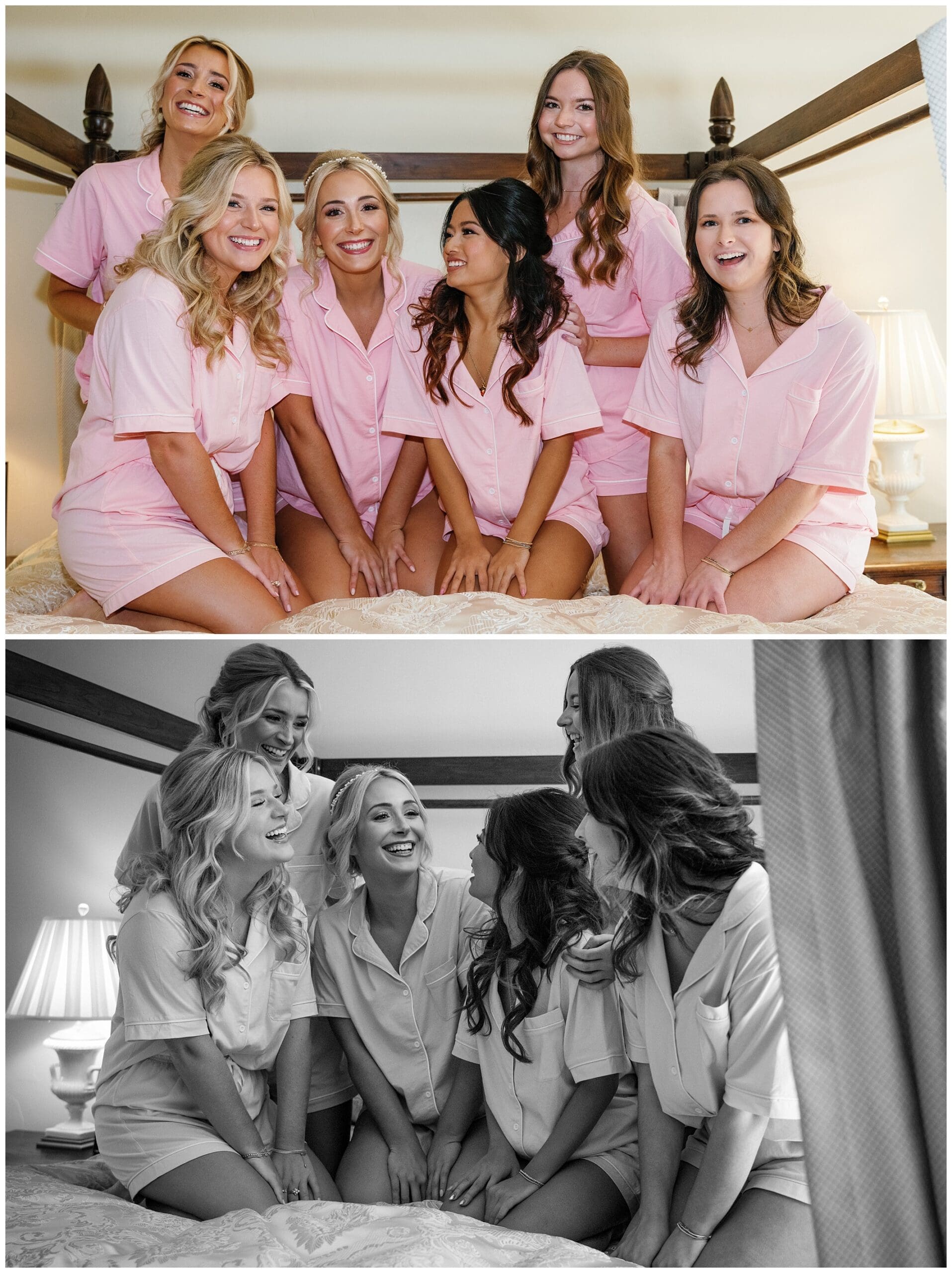 Bridesmaids in pink robes posing for a photo.