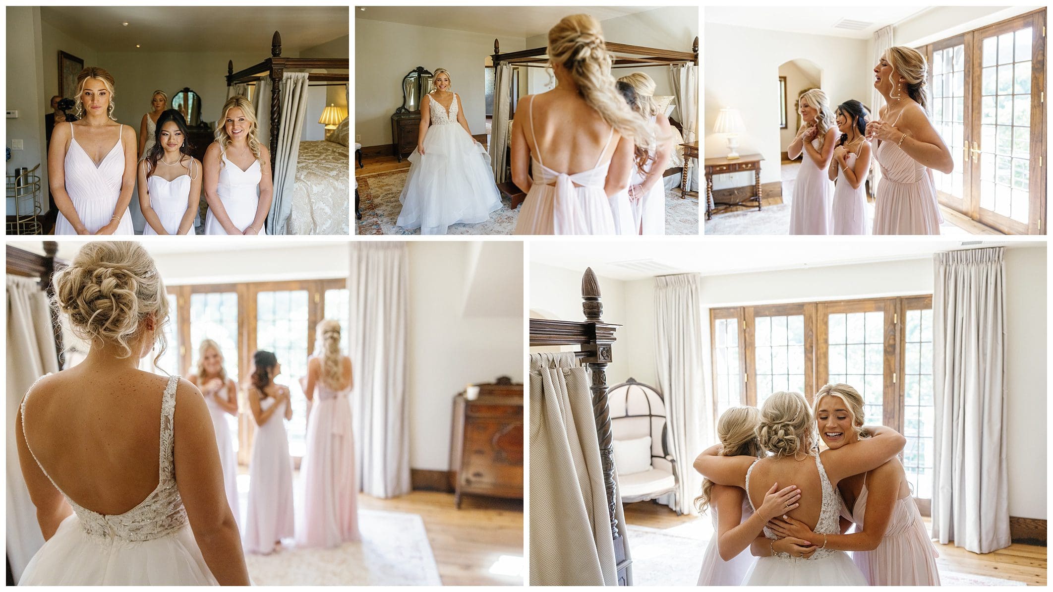 A bride and her bridesmaids are getting ready for their wedding.