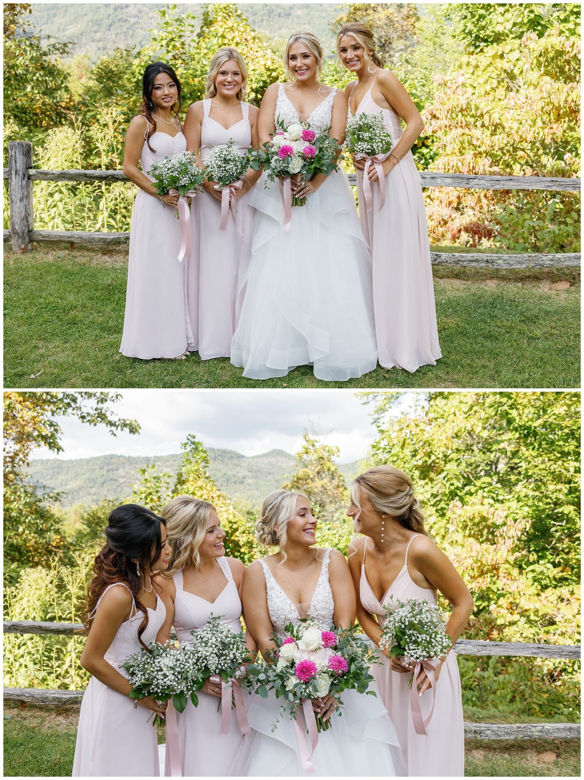 A bride and her bridesmaids in pink dresses with mountains in the background.