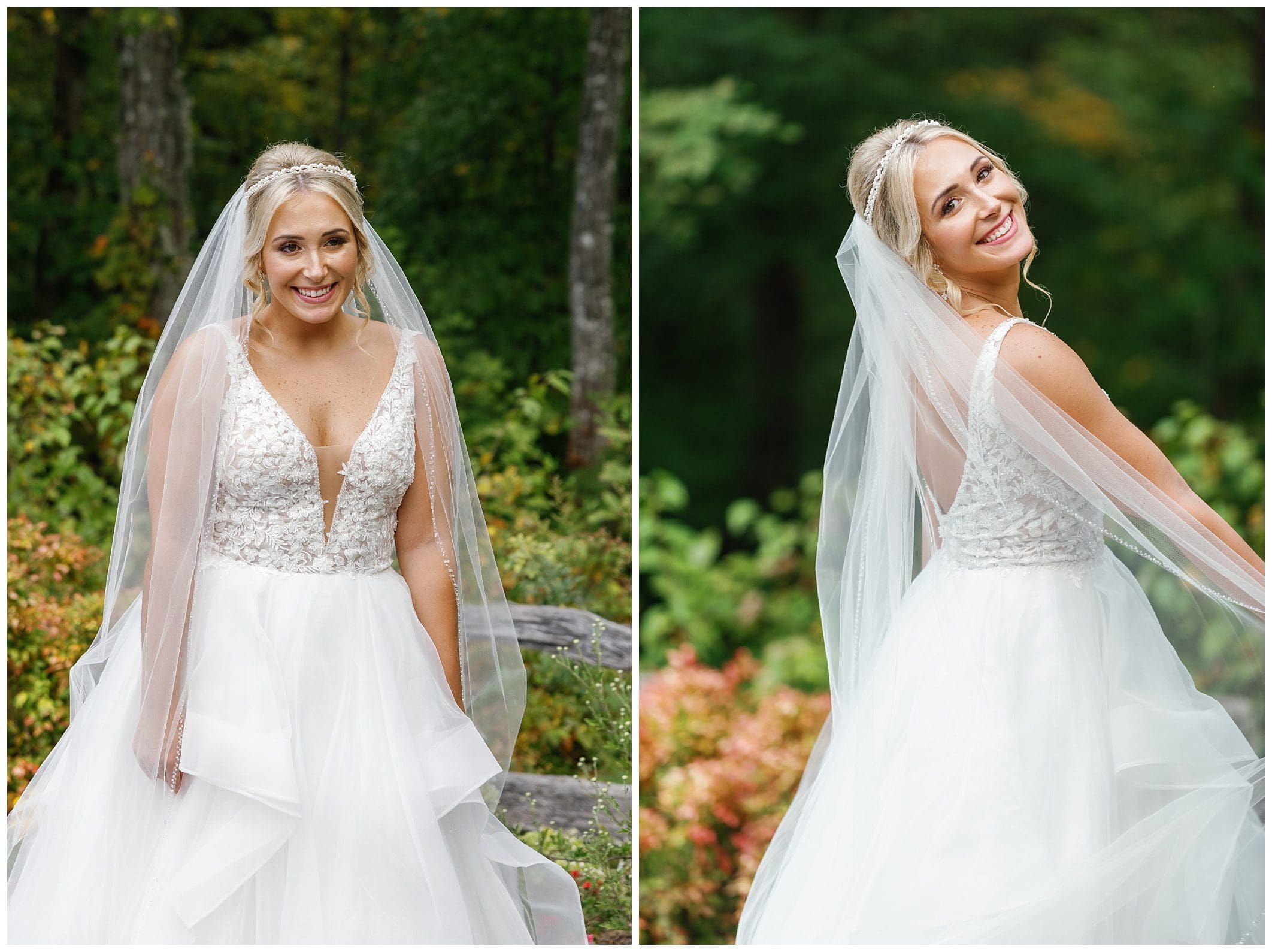 A bride smiles in front of a tree in a wooded area.