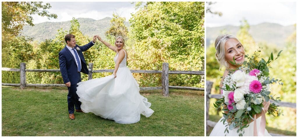 A bride and groom dancing in front of a mountain.