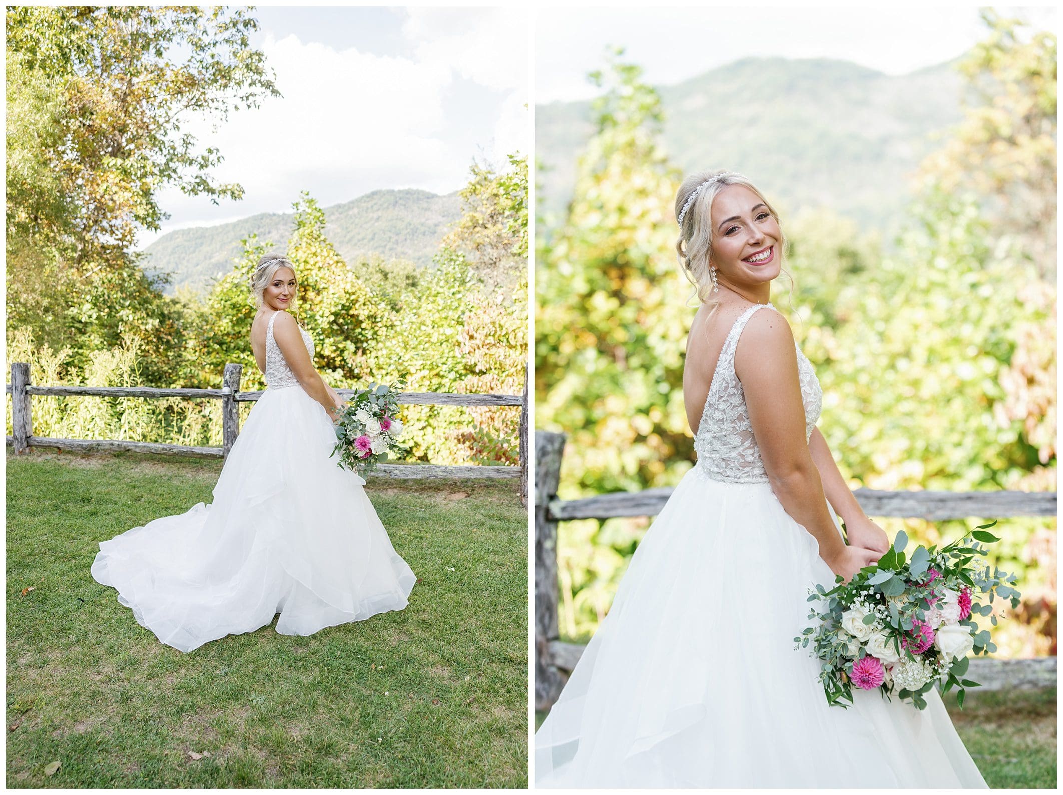 A bride poses for a photo in front of a vineyard.