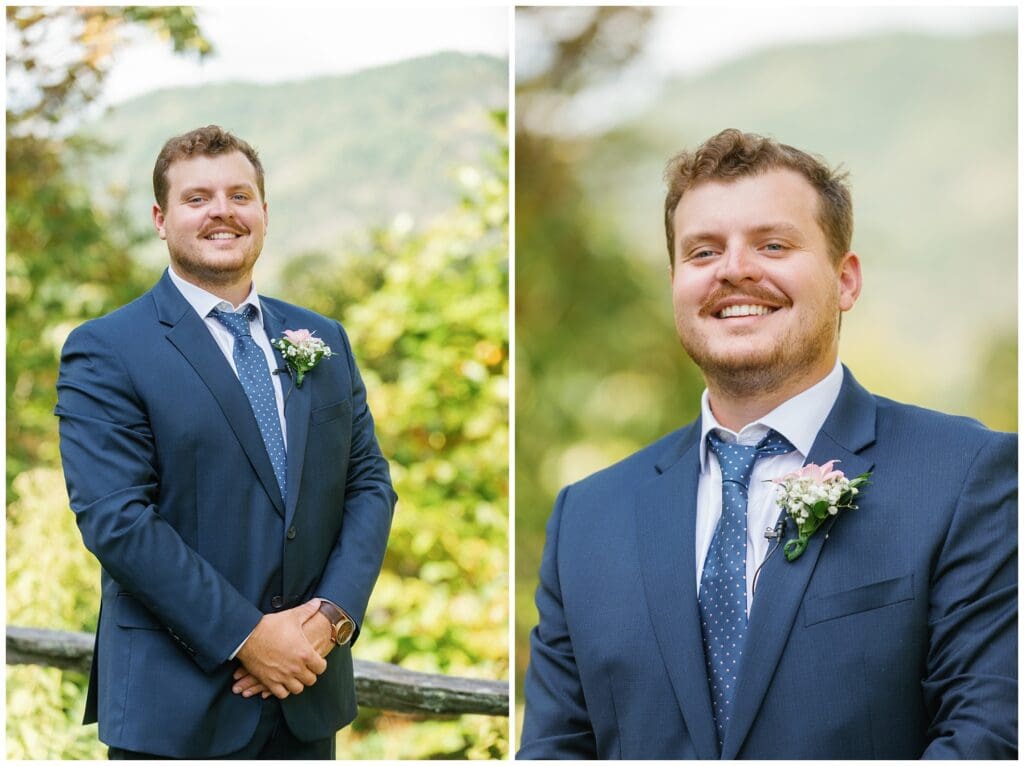 Two pictures of a groom in a suit and tie.