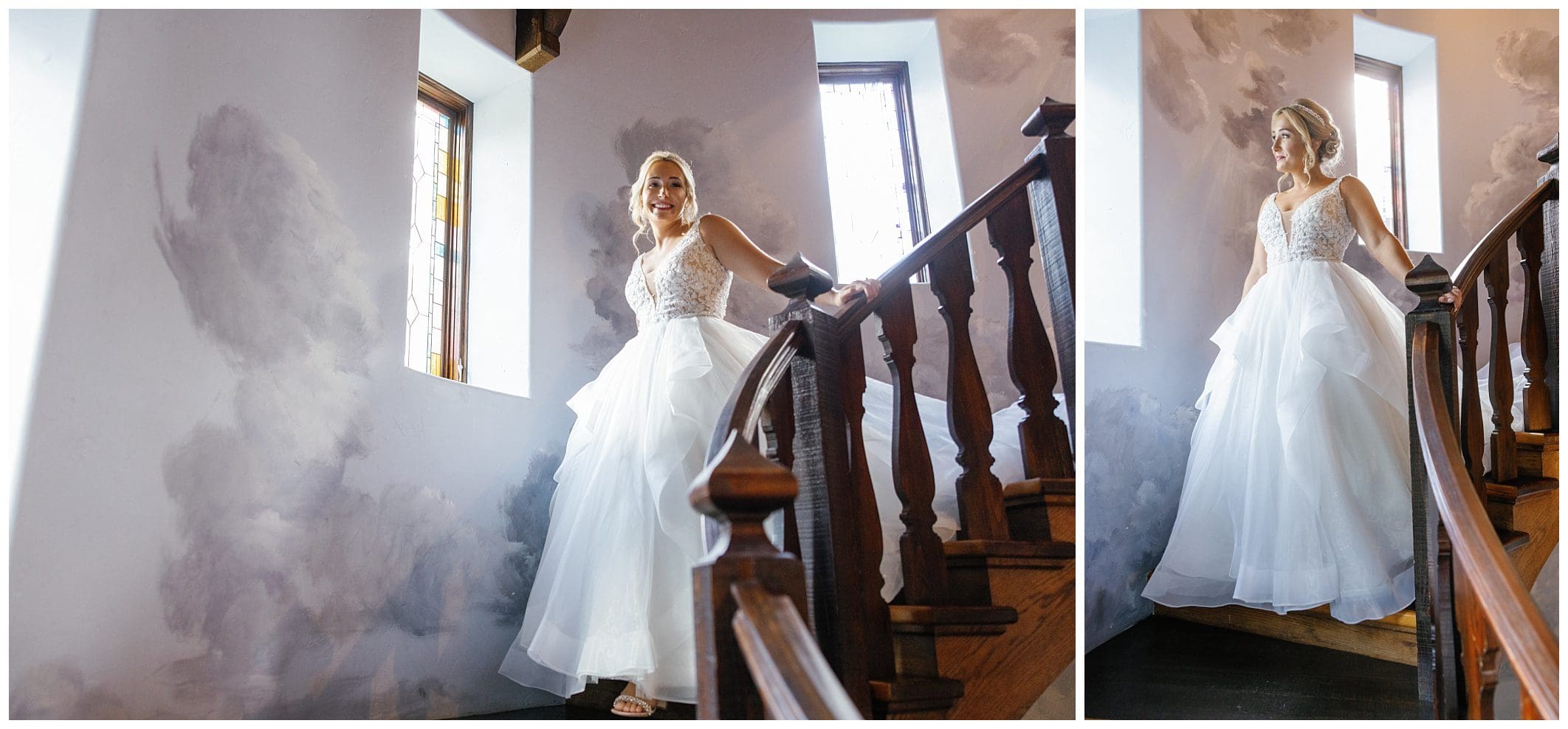 A bride in a wedding dress standing on a staircase.