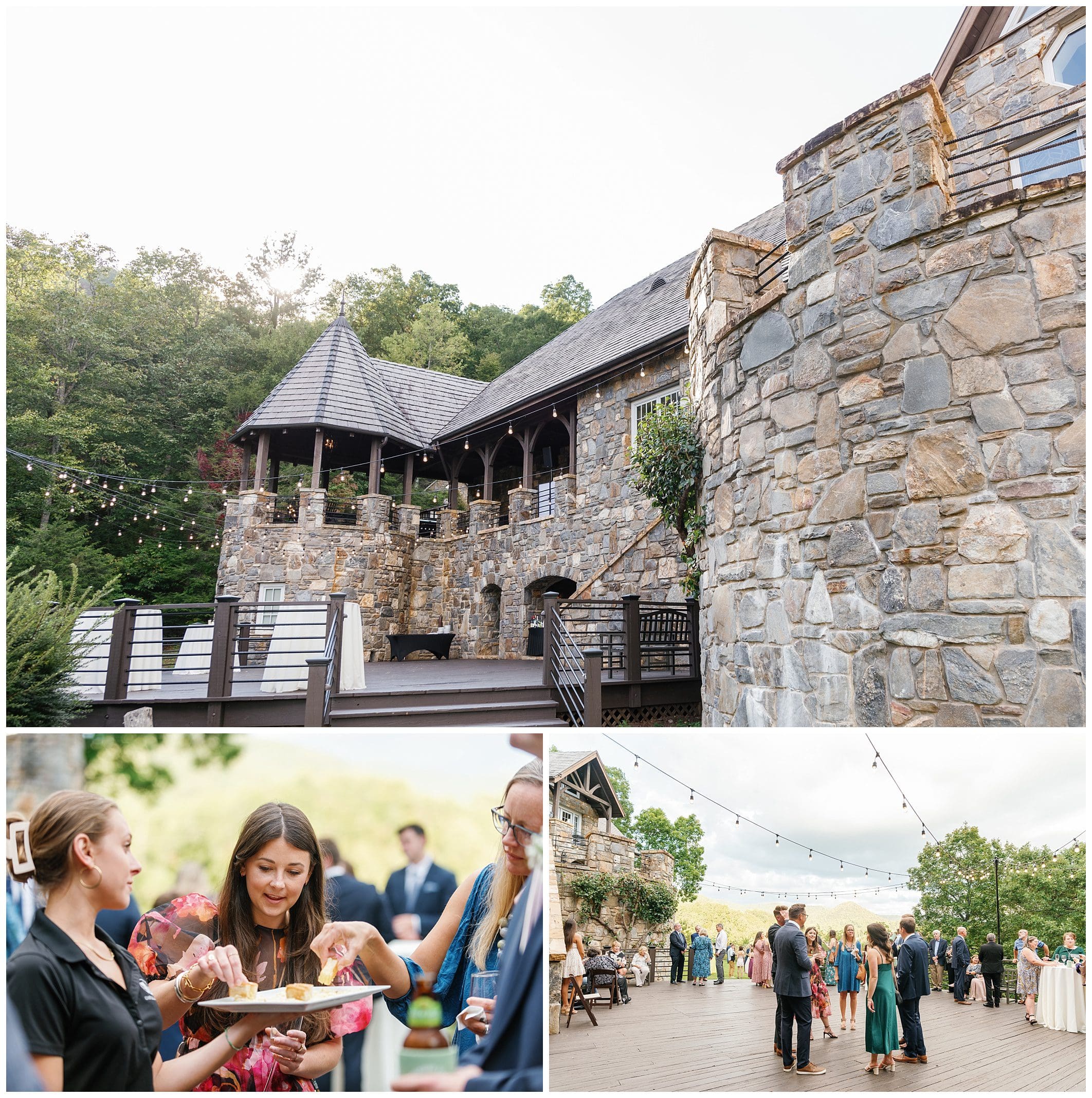 A wedding reception at a castle in the mountains.