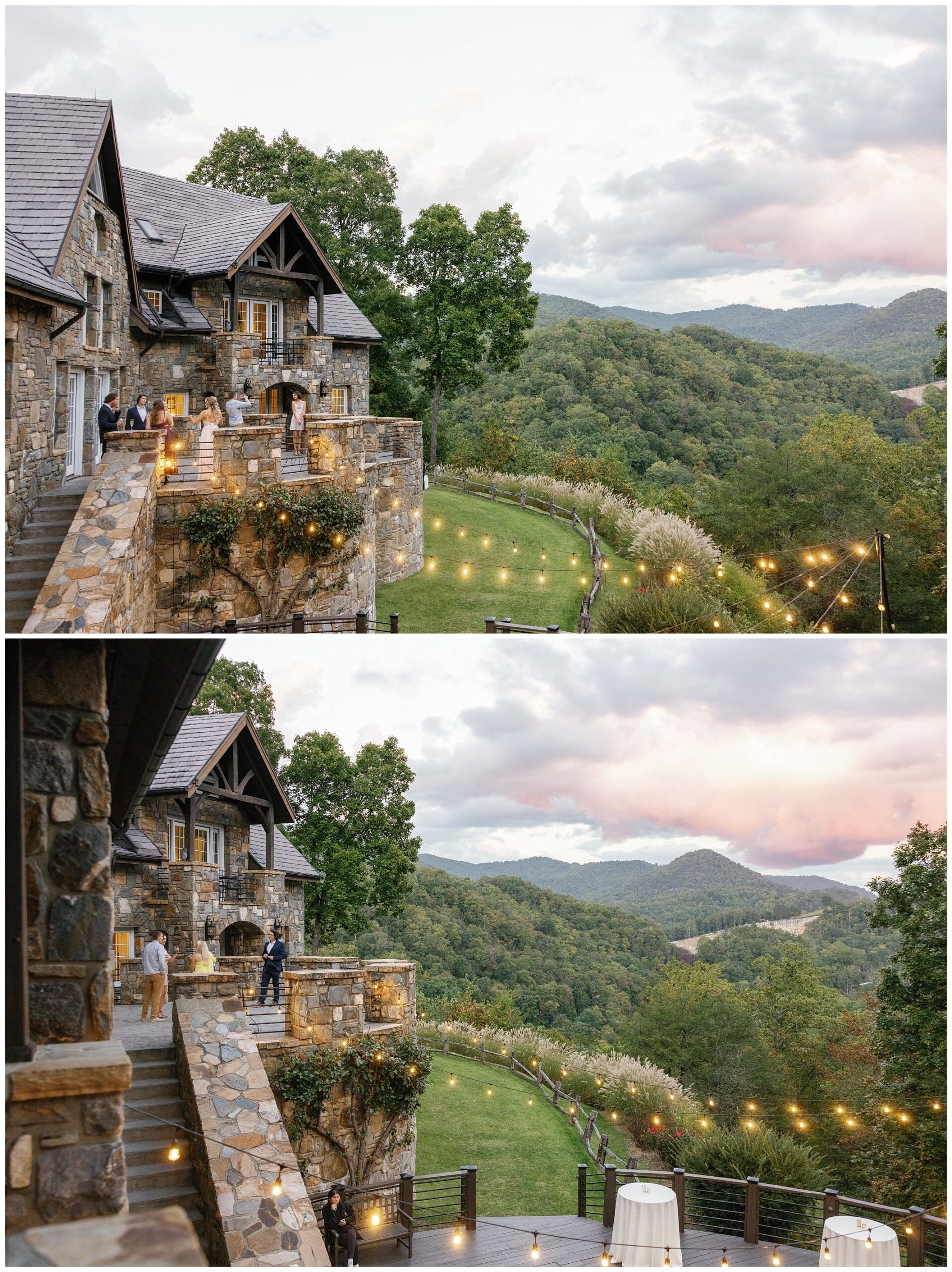 Two pictures of a wedding reception at a mountain house.