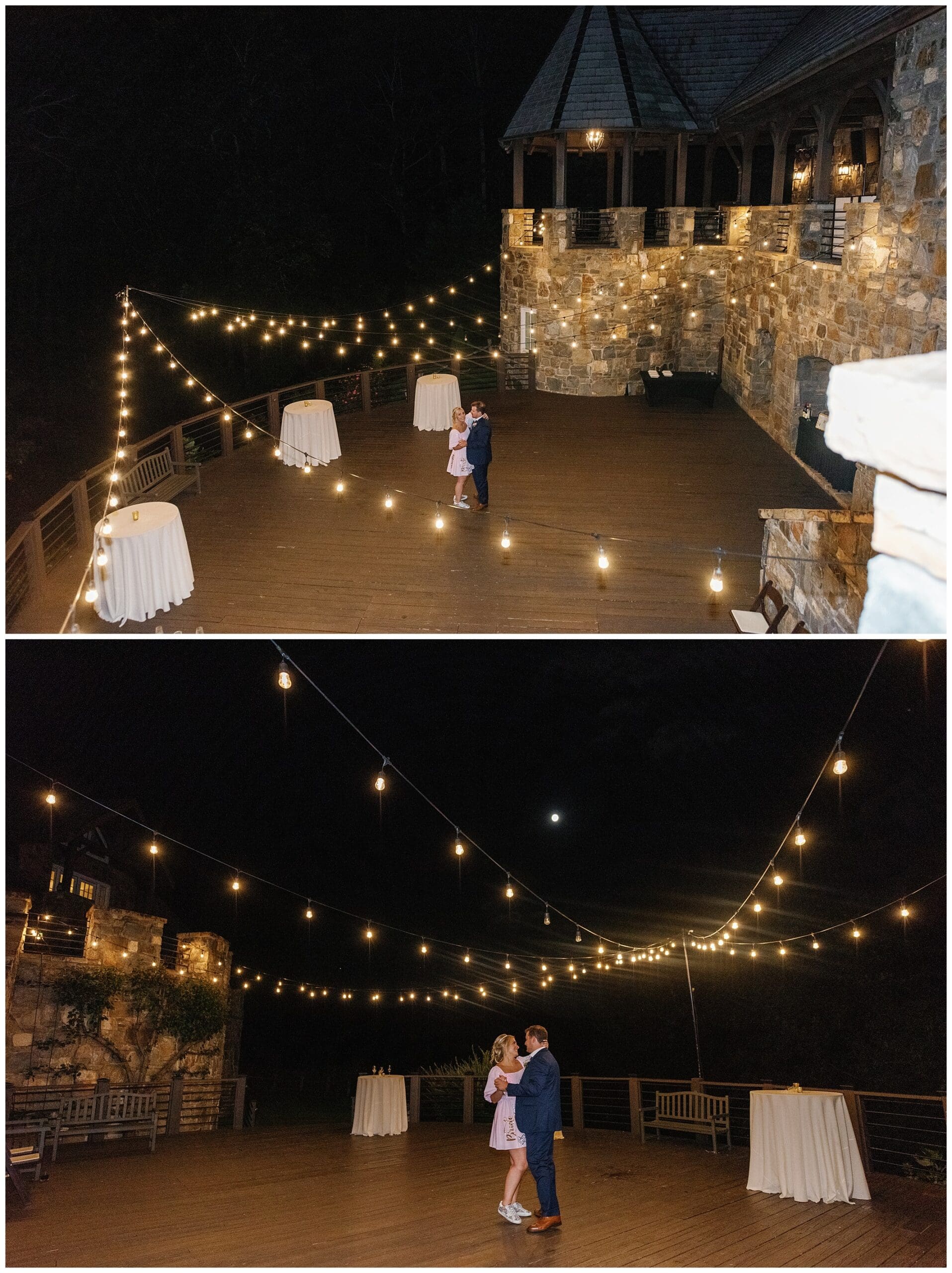 A bride and groom dancing on a deck at night for their private last dance.