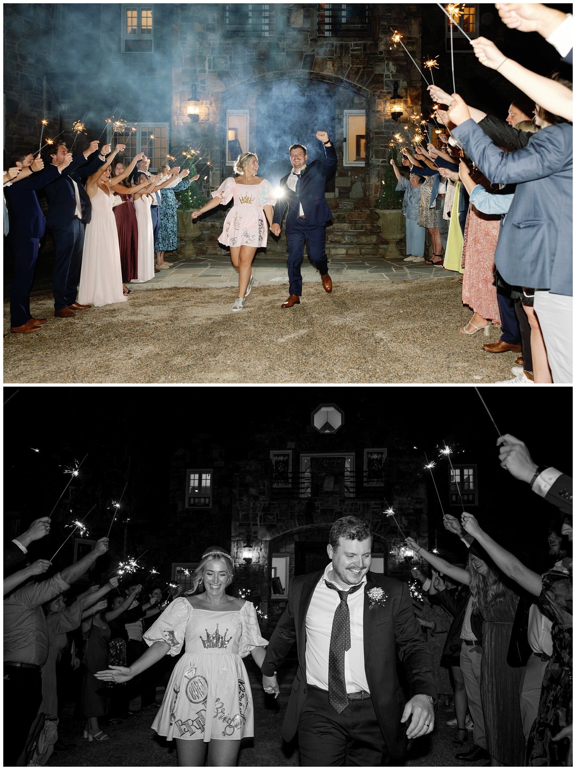 A bride and groom walking down the aisle with sparklers at their Castle Ladyhawke Wedding.