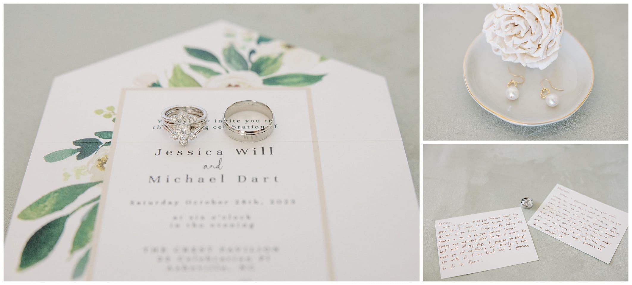 A fall wedding invitation featuring a ring and a flower at Crest Center.