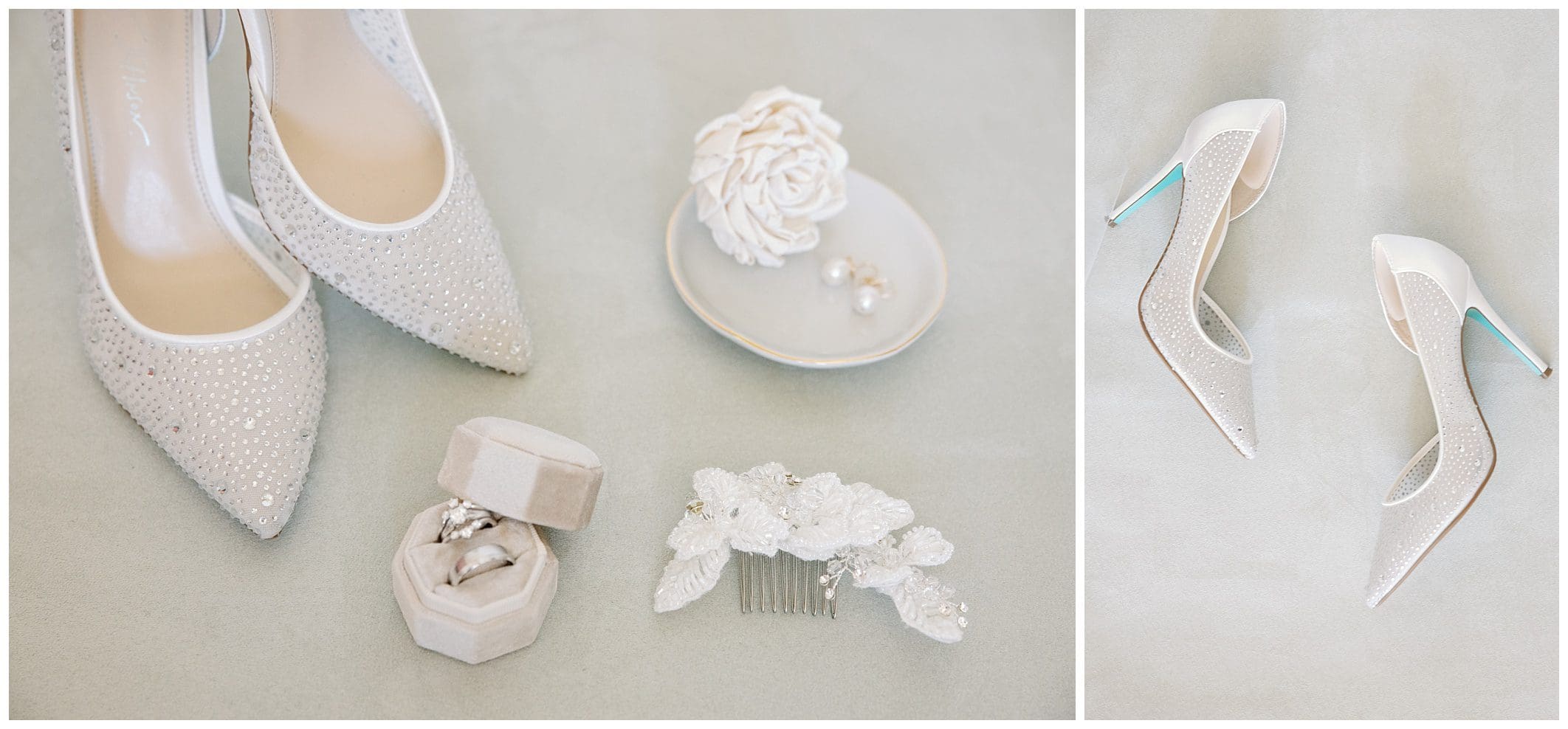 A white wedding dress and shoes, perfect for a fall wedding at Crest Center. Complete the look with a stunning ring and ring box.